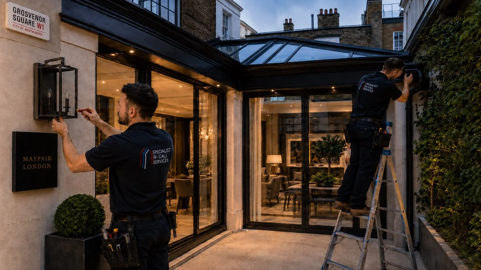 Two maintenance workers installing or repairing outdoor lighting fixtures at the exterior of a building in an urban area during the evening. One worker is on a ladder working on the top fixture, while the other is working on a wall-mounted fixture with two light bulbs.