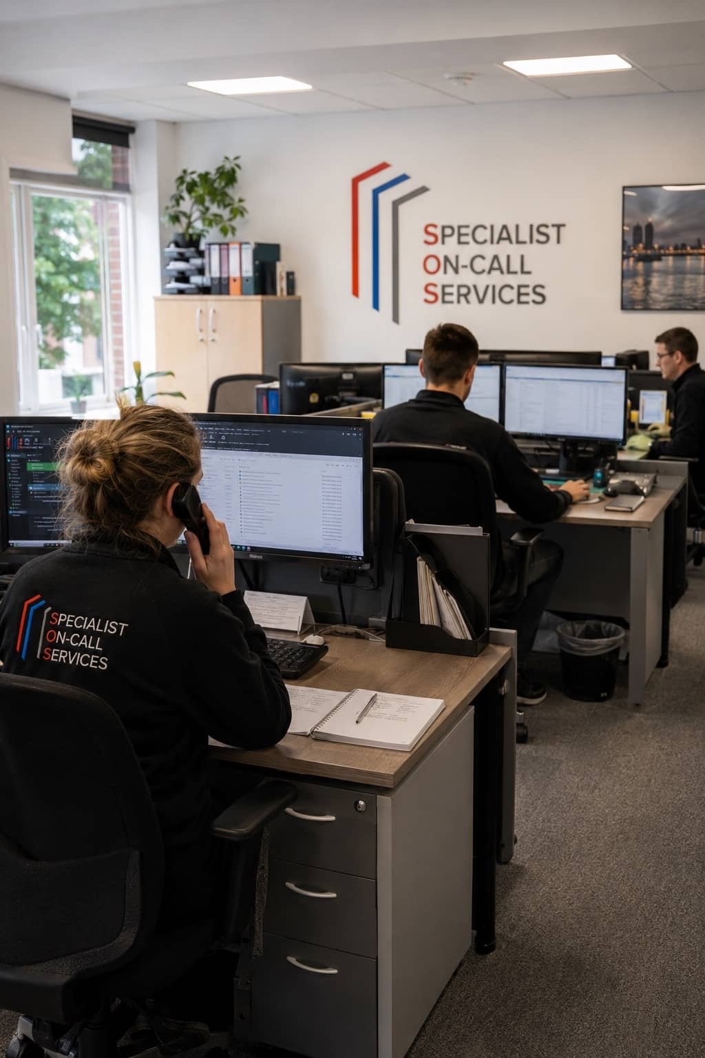 Office workers in a workspace with monitors at desks. A woman with curly hair and a black shirt with the words 'Specialist On-Call Services' is talking on the phone and taking notes. Other employees work at computers in the background. A sign on the wall reads 'Specialist On-Call Services' with a logo.