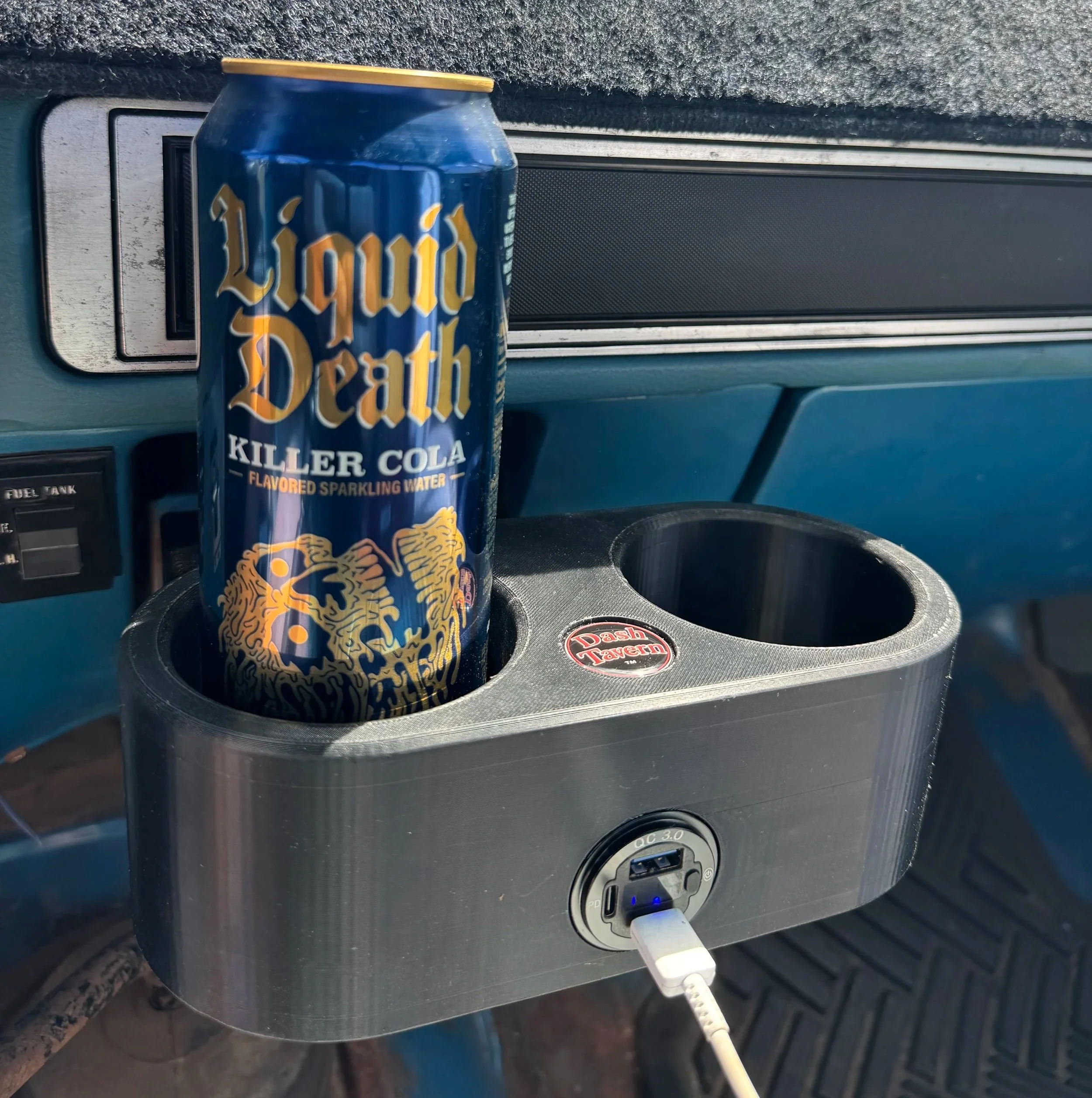 Dash Tavern dual cup holder installed in a Chevy GMC Squarebody truck with built-in USB-C charging