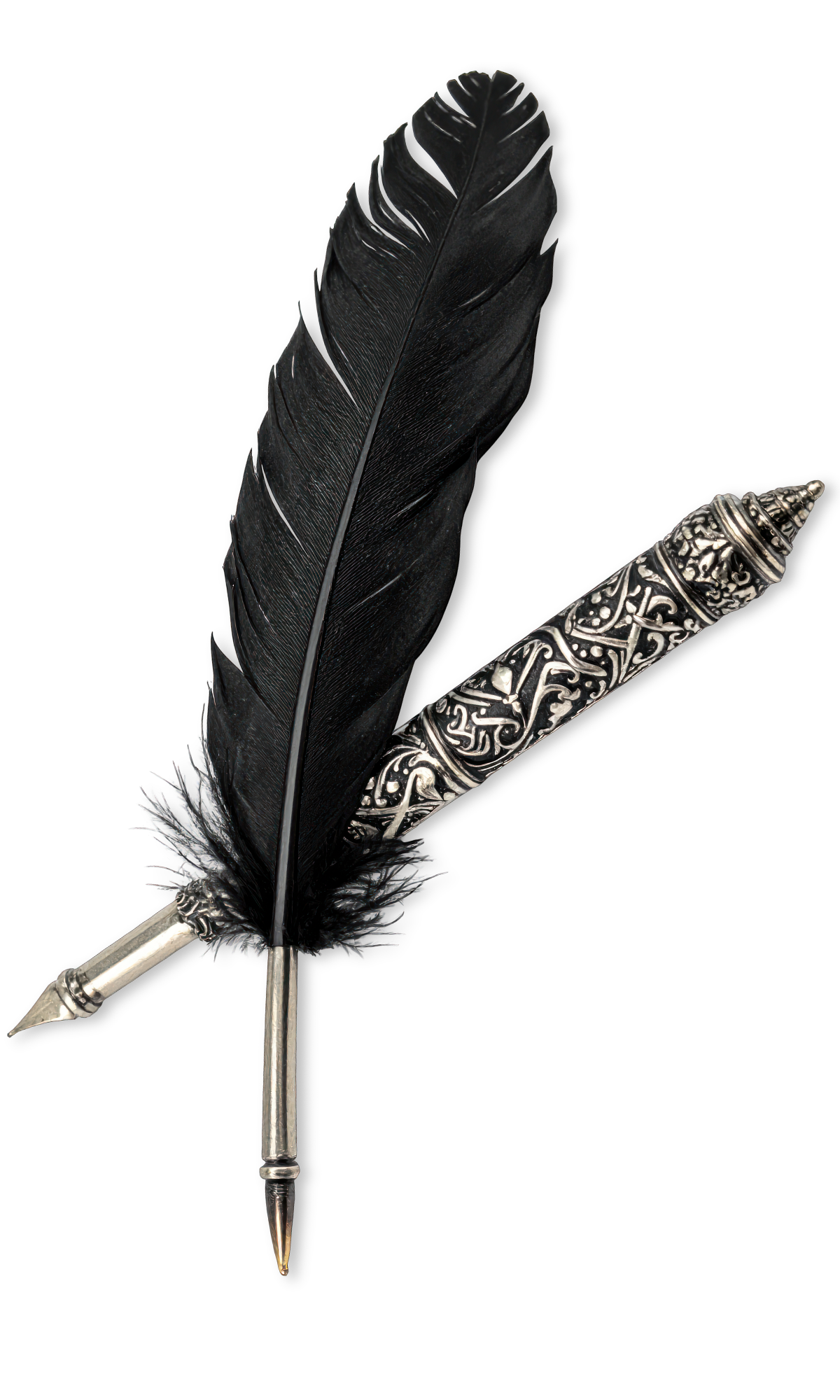 Silver fountain pen with ornate black and silver feather quill attached, set against a black background.