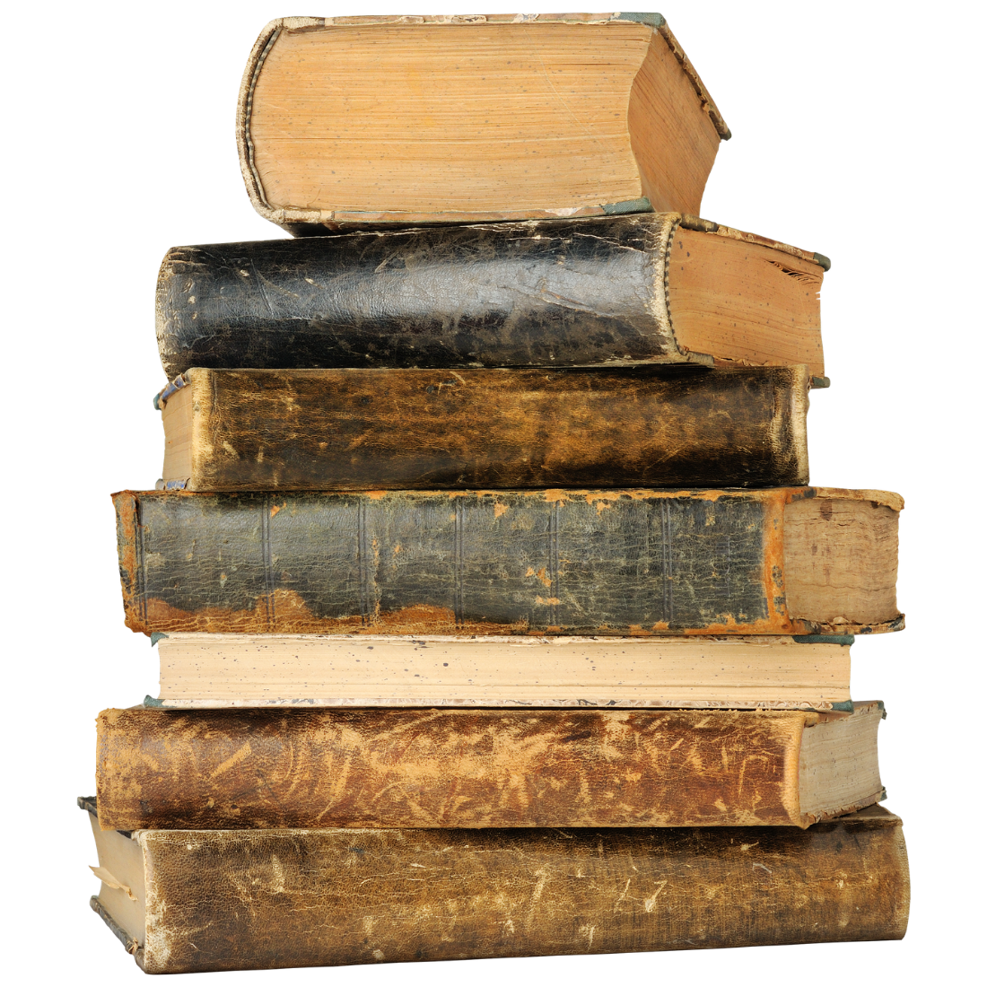A stack of old, worn hardcover books with aged pages and faded covers.