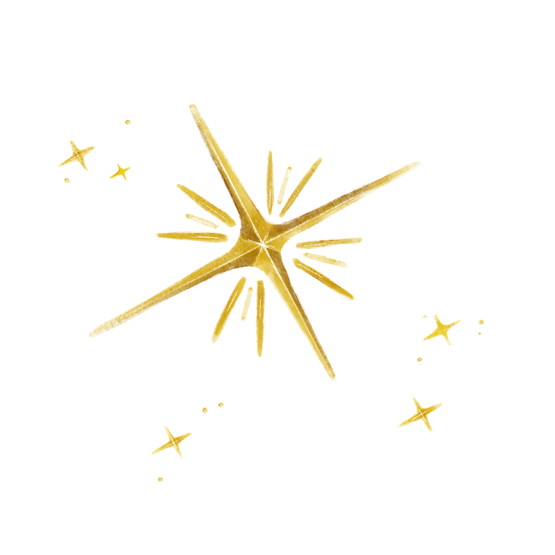 Golden star-shaped ornament with smaller stars attached, set against a transparent background.