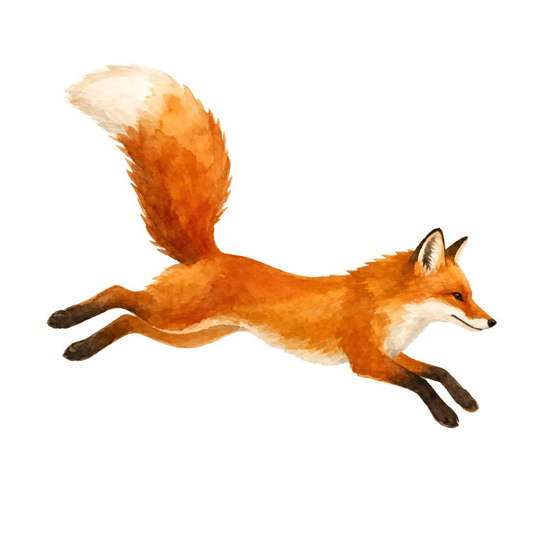 Watercolor illustration of a fox in mid-leap, with orange fur, white underbelly, and bushy tail with white tip.