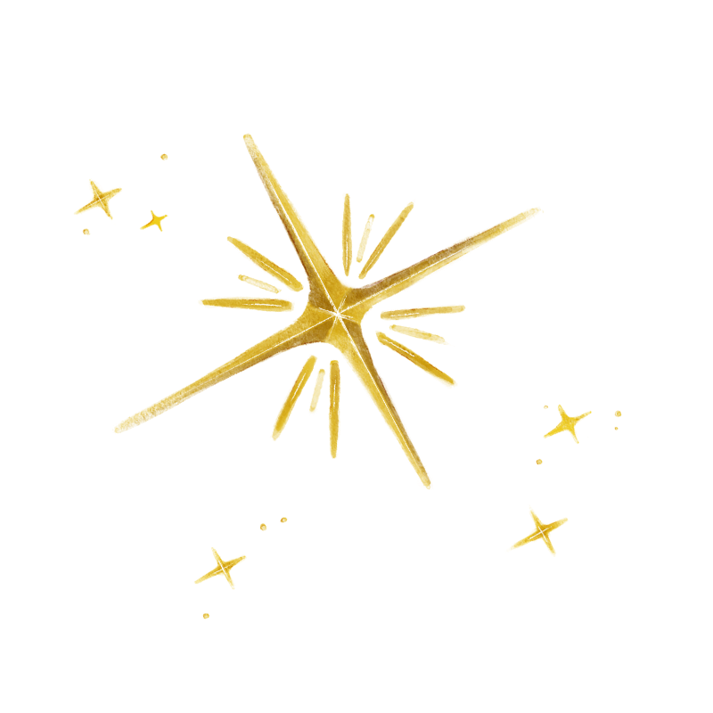 Golden star-shaped ornament with smaller stars attached, set against a transparent background.