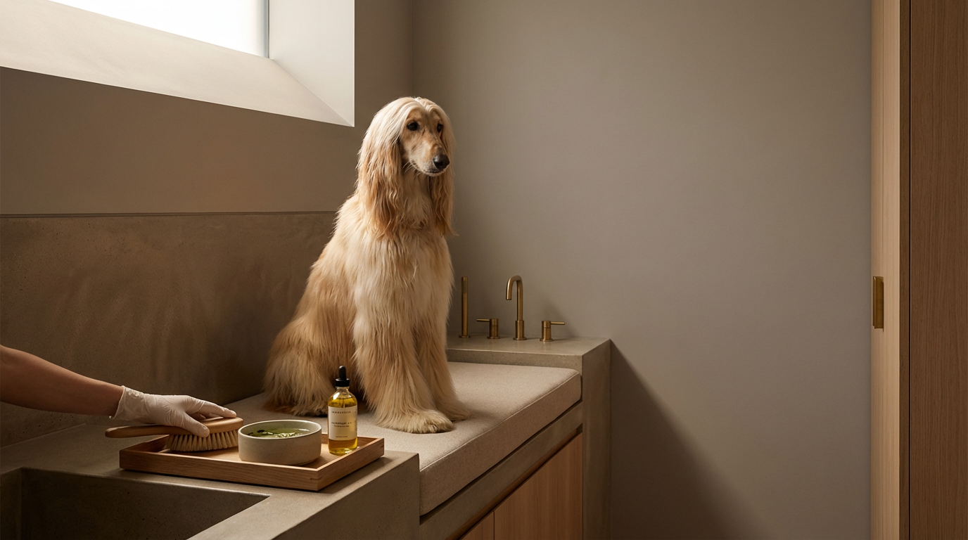 A dog sitting on a bathroom counter with grooming supplies, including a brush, a bowl, and a bottle of grooming oil, near a sink and a window.