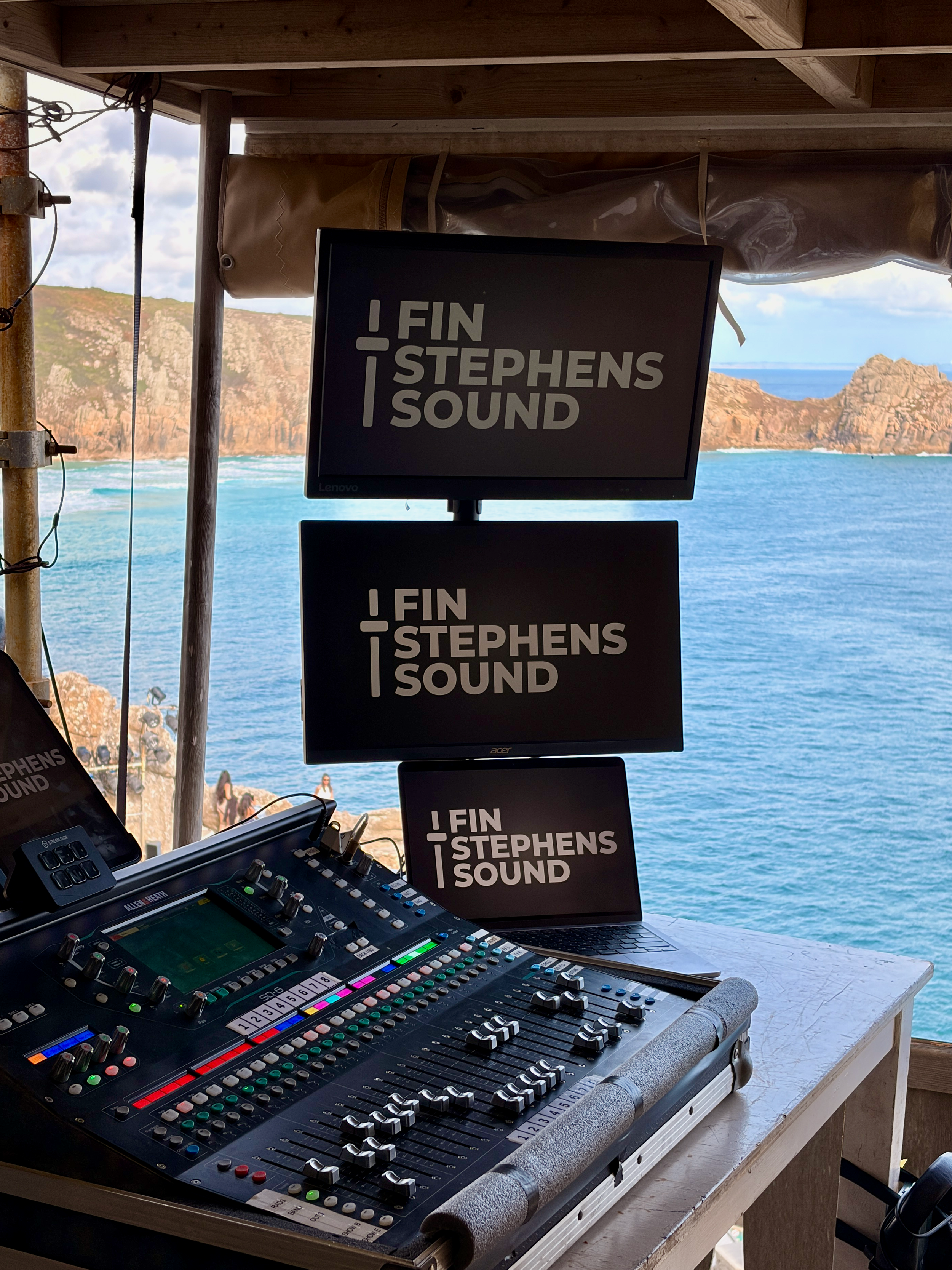 Fin Stephens Sound setup at the Minack Theatre with an Allen & Heath SQ6 mixing console overlooking the sea