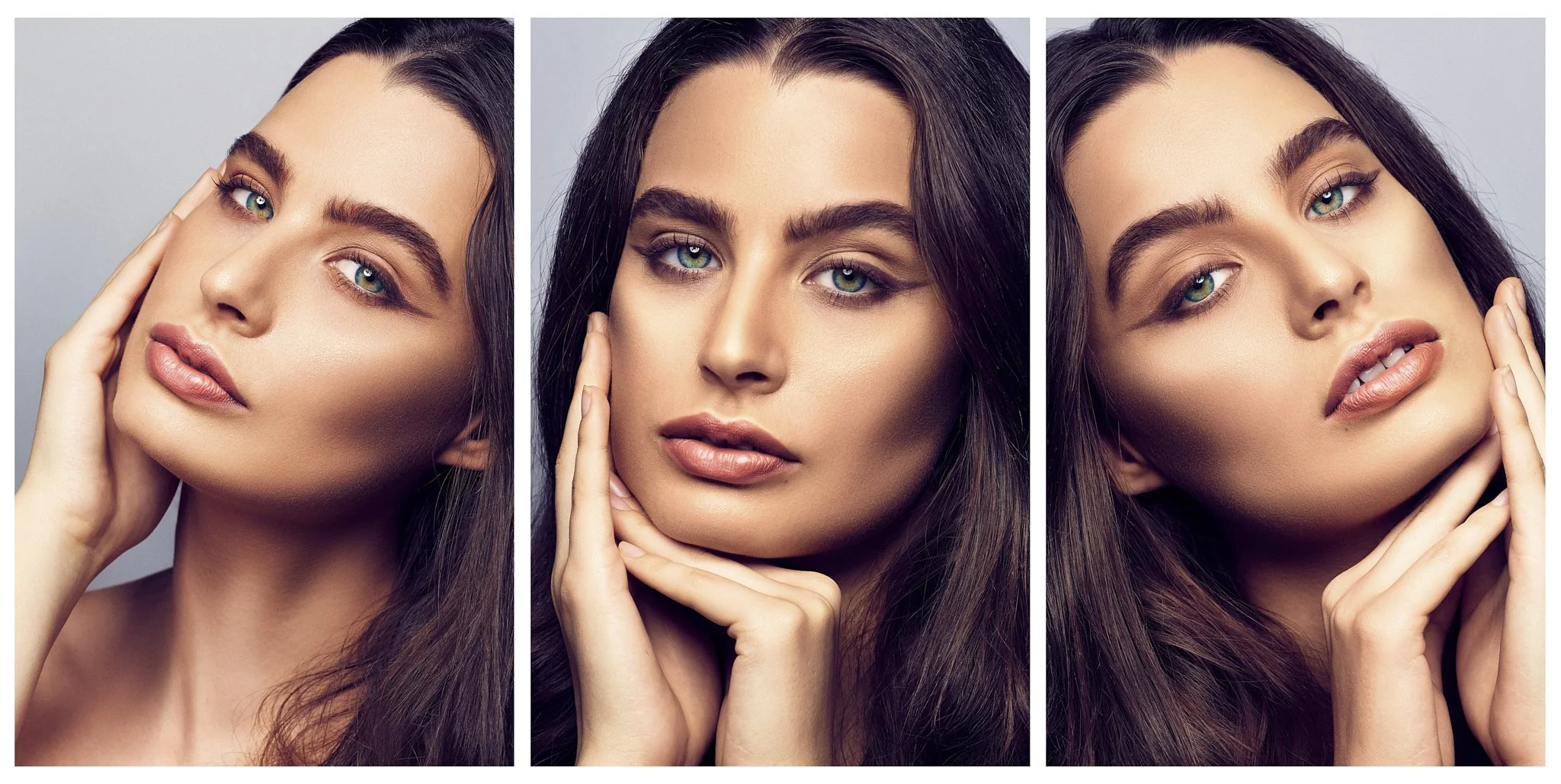 A triptych of close-up portraits of a woman with long brown hair and blue eyes, displaying different facial expressions and poses, touching her face with her hands, with a plain gray background.