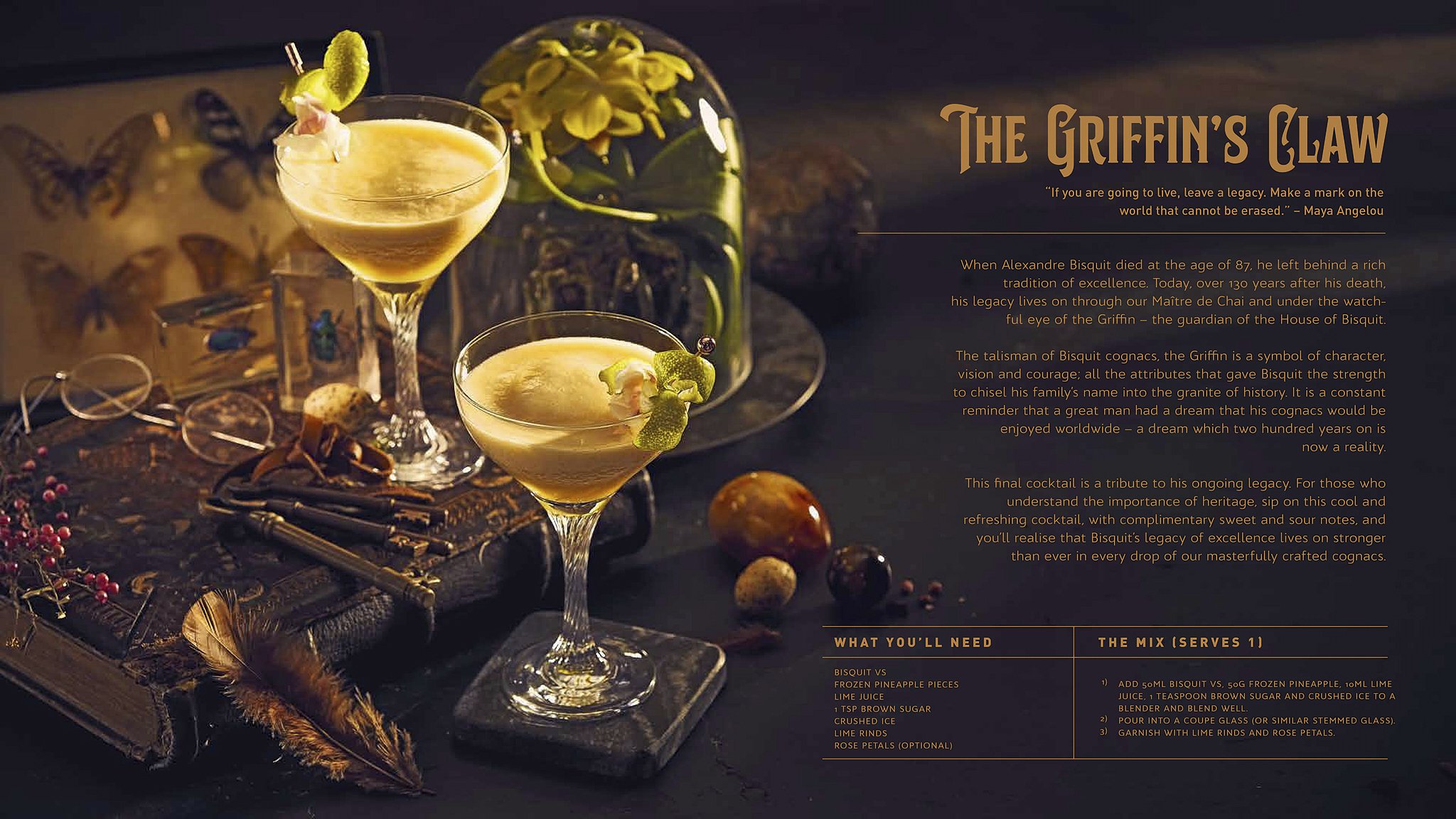 Two cocktails in coupe glasses garnished with lime zest and rose petals, set on a dark table with decorative objects and flowers, with text describing a cocktail recipe called 'The Griffin's Claw'.