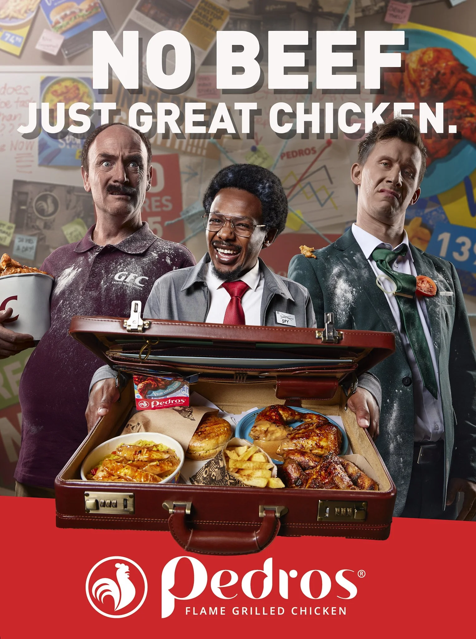 Three men standing behind an open pizza delivery box filled with various foods, including fried chicken, french fries, and a bowl of chicken wings. The background features a wall with eclectic notes, charts, and food pictures, and a logo for Pedro's 