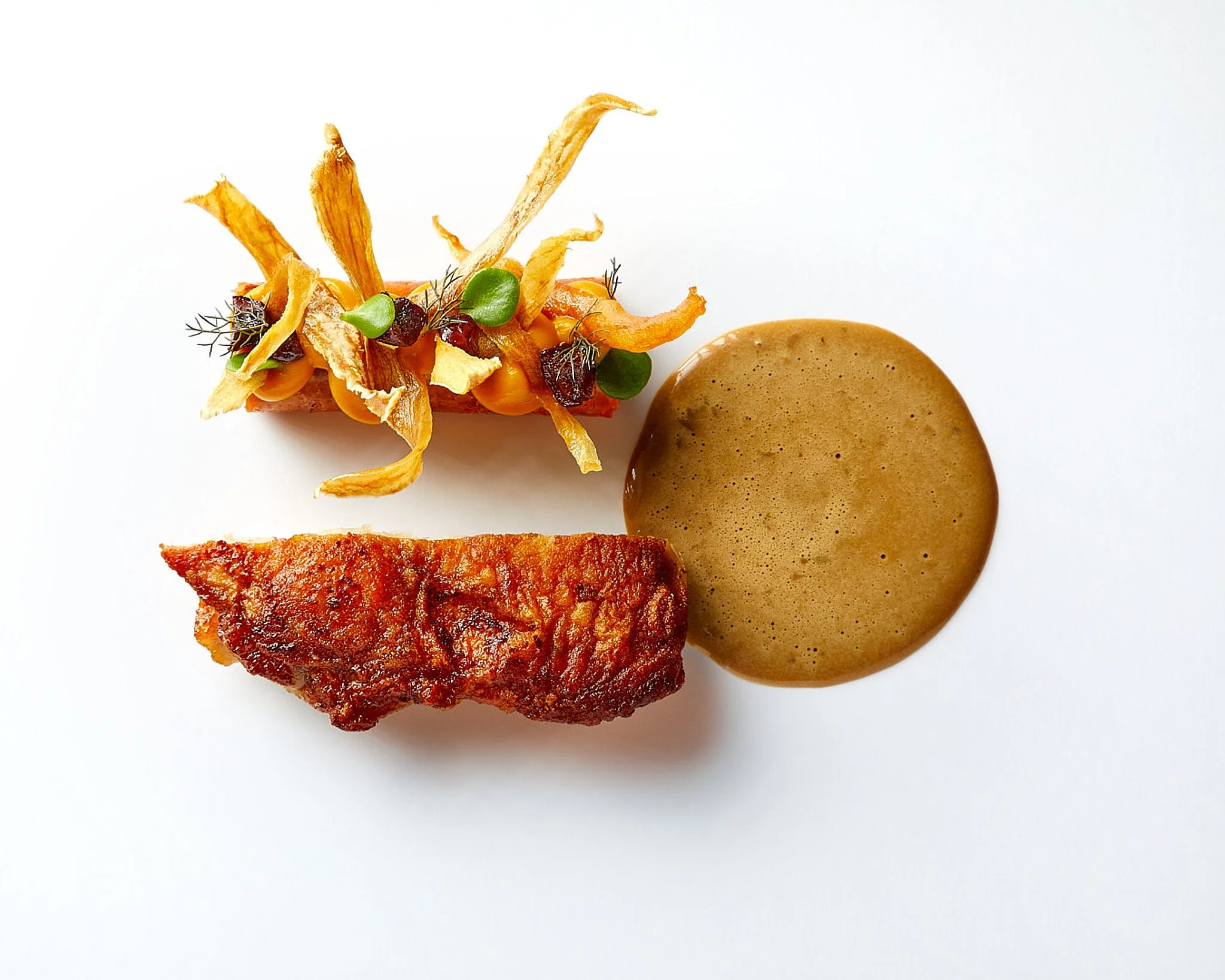 A close-up of a chicken dish topped with fried slivers of skin and garnished with small green leaves and edible herbs, and a round, smooth, brown sauce or mousse beside it on a white background.