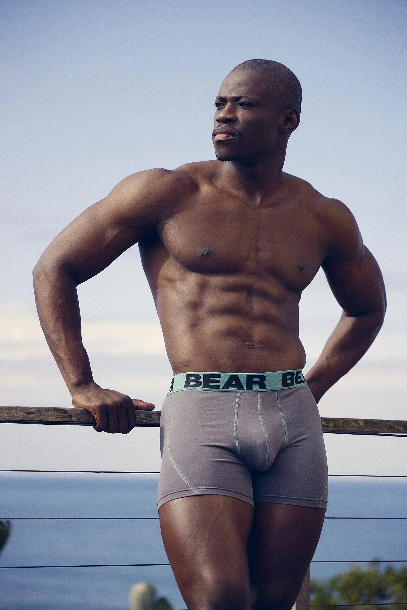A muscular man stands outdoors against a clear sky, wearing light gray boxer briefs with a green waistband that says "BEAR." He is leaning on a wooden railing with one hand and has his other hand on his waist, looking off into the distance.
