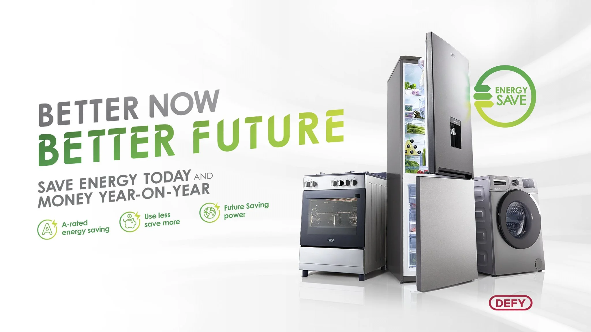 A Defy advert showing Refrigerator, washing machine, and oven with green energy saving icons on a white background, with text promoting energy efficiency and cost savings.