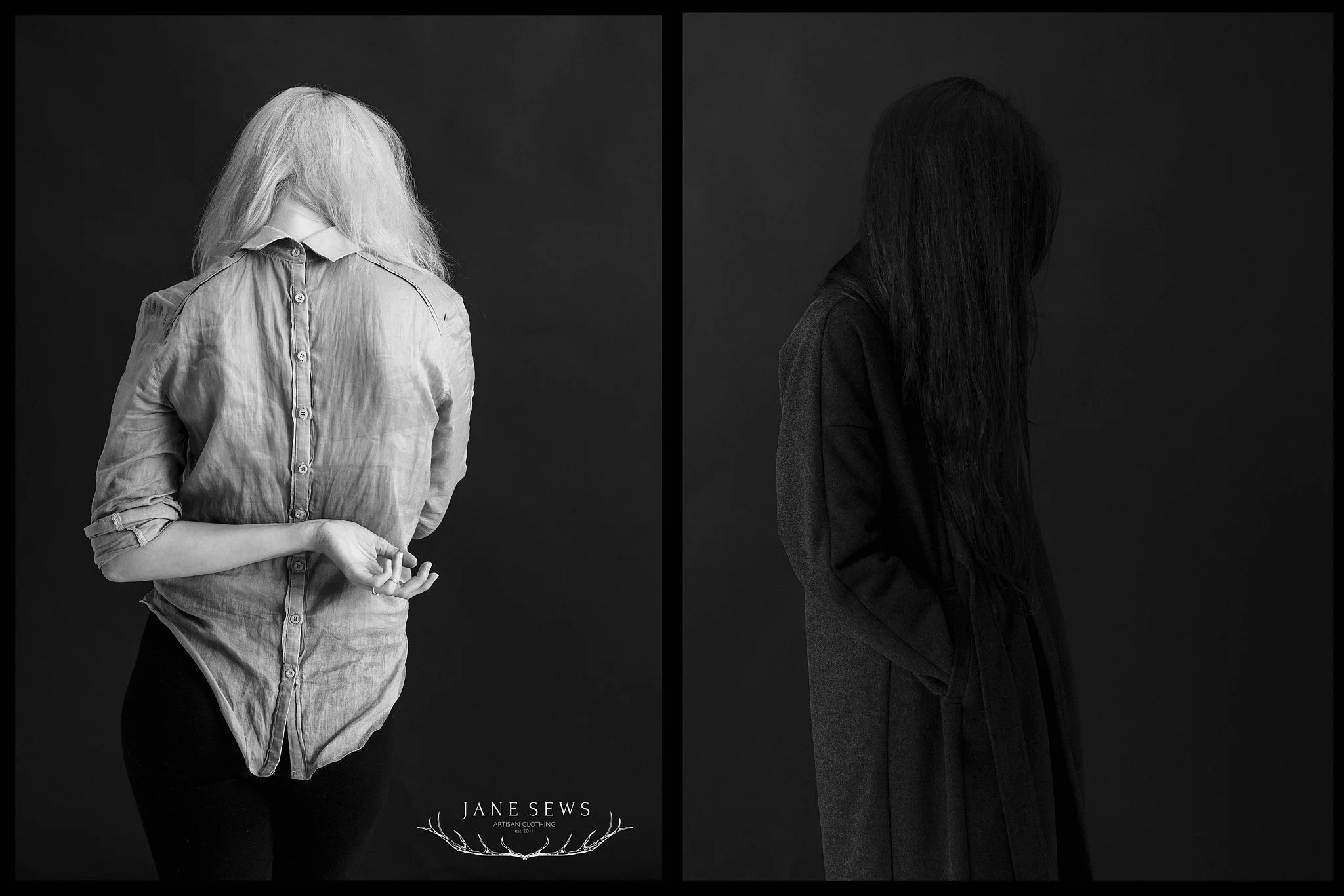 Two black and white photos of women with long hair, facing away from the camera, side by side. The left woman has white hair and a collared shirt, while the right has dark hair and a dark top. The background is dark, and there is a logo with the name