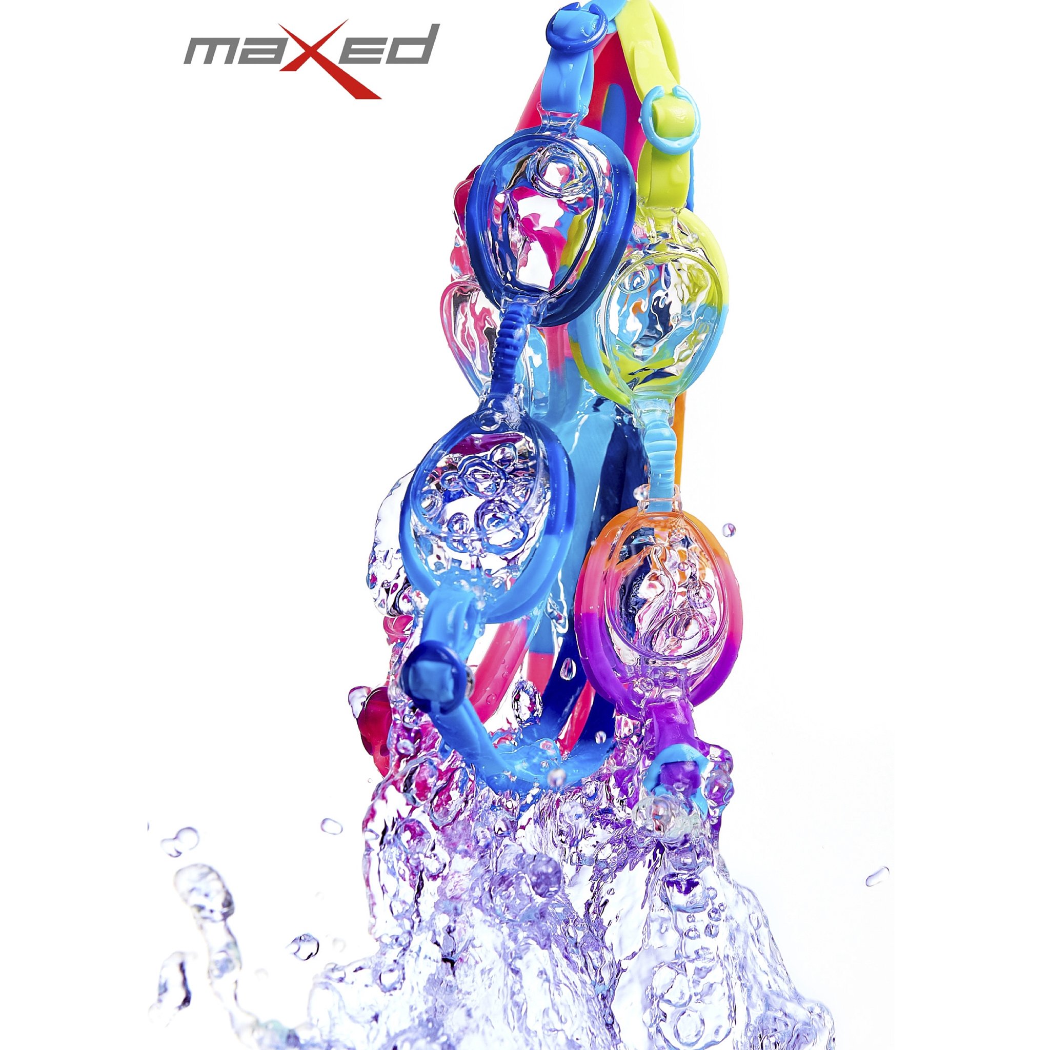 Colorful swimming goggles and water splashes with a logo reading 'maxed' in the top left corner.
