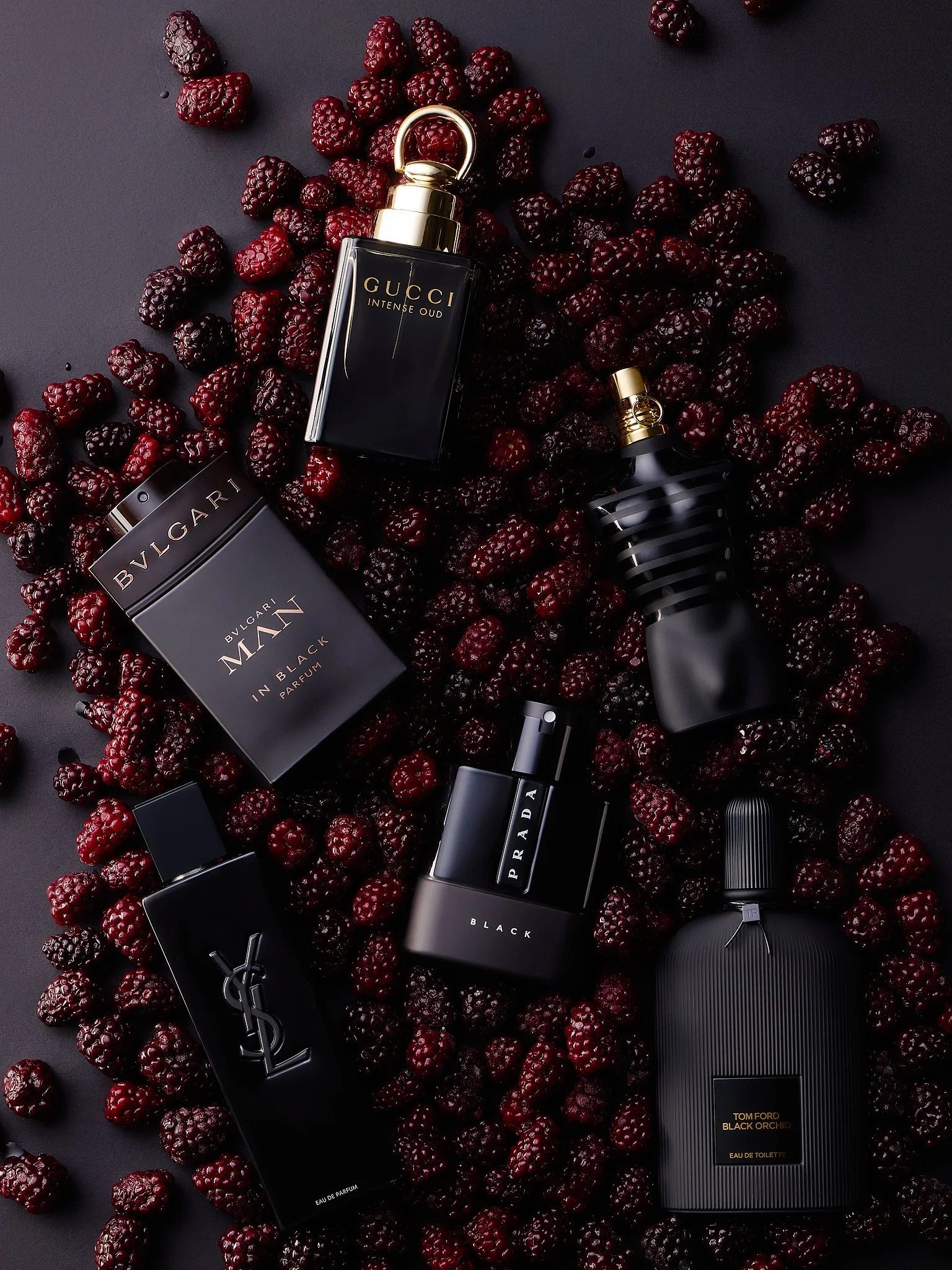 Luxurious collection of designer perfume bottles including Gucci Intense Oud, Bvlgari Man In Black, Yves Saint Laurent YSL, and Tom Ford Black Orchid, arranged on a dark surface with scattered blackberries surrounding them.
