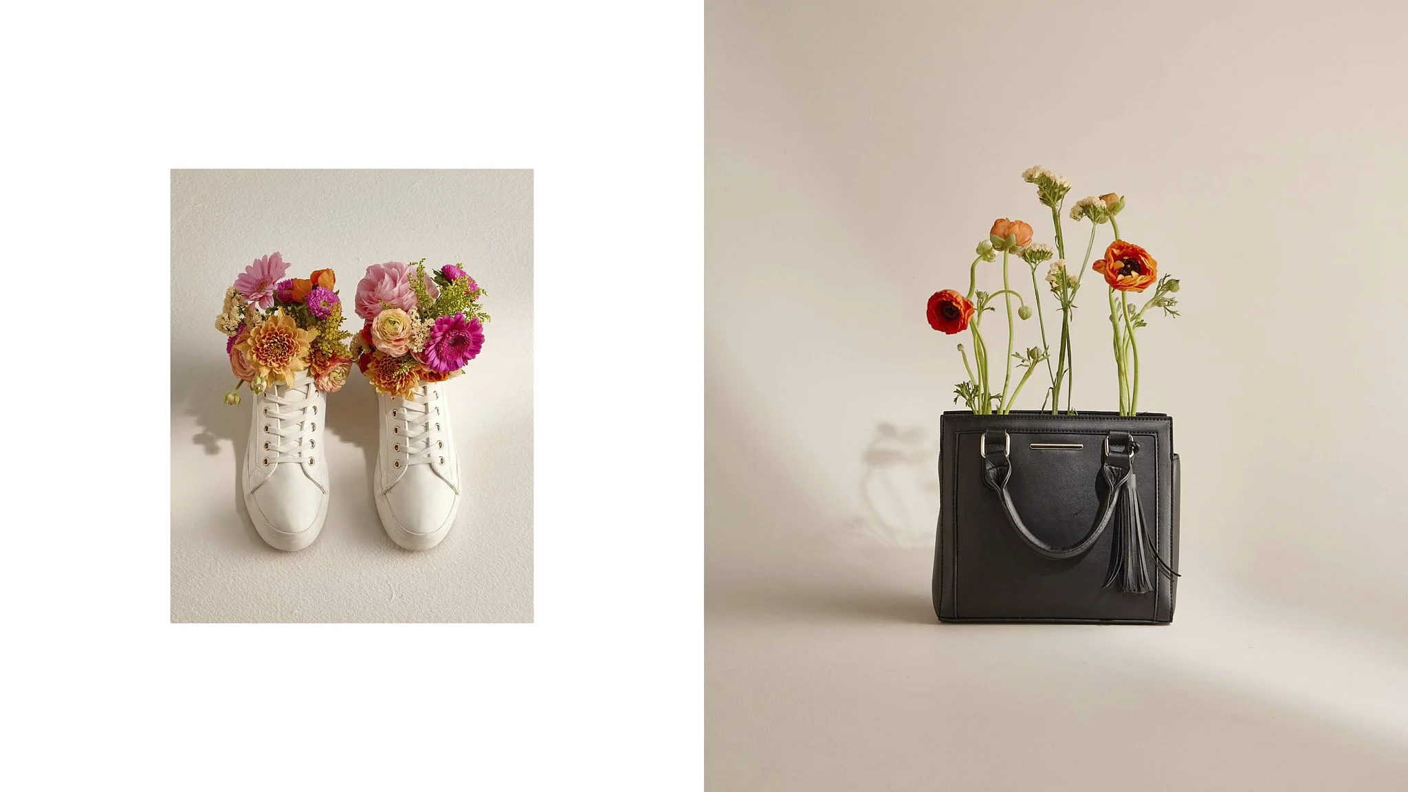 Side-by-side photos of floral arrangements. The left image shows a bouquet of pink, orange, and peach flowers in white sneakers. The right image displays a bouquet of red and peach flowers in a black handbag with tassels.