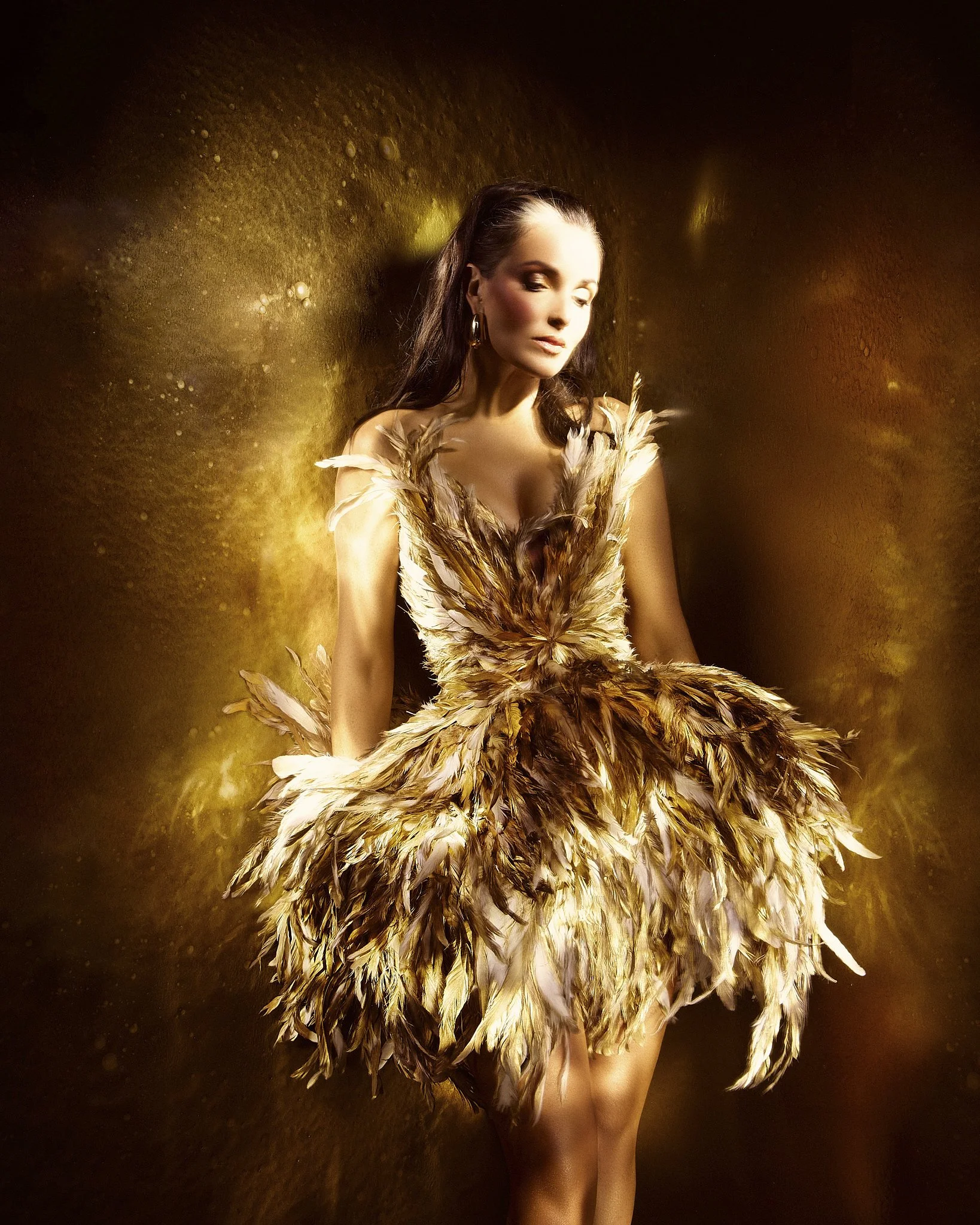 A woman with long, dark hair wearing a dress made of feathers, standing against a golden, textured background.