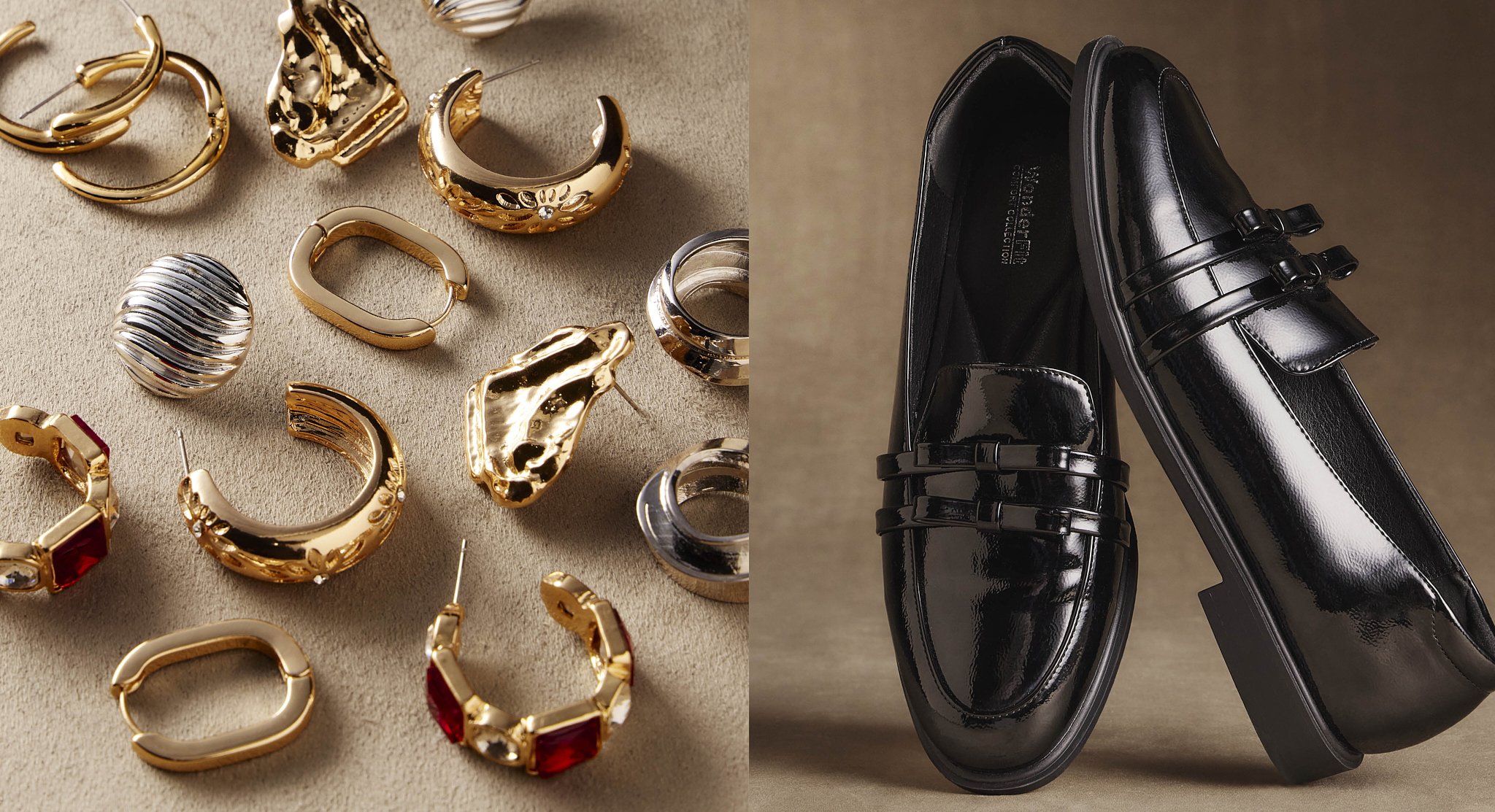 Gold and silver jewelry, including rings and earrings, arranged on a beige surface on the left side of the image. On the right side, a pair of shiny black leather dress shoes with buckle details. Miladys products