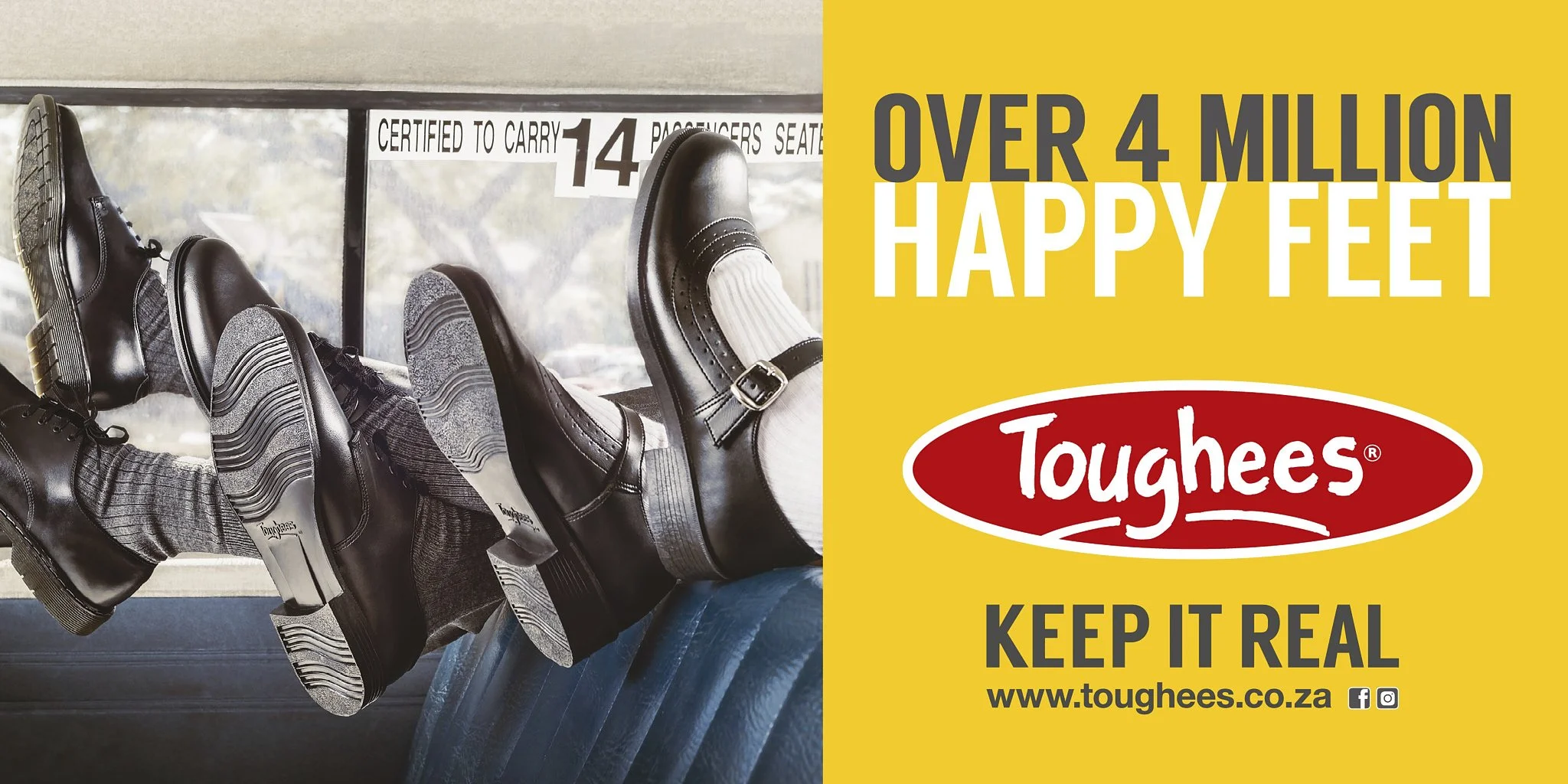 A row of shoes worn by individuals sitting on a bus, with a poster on the window advertising Toughees shoes, emphasizing comfort and durability for over 4 million happy feet.