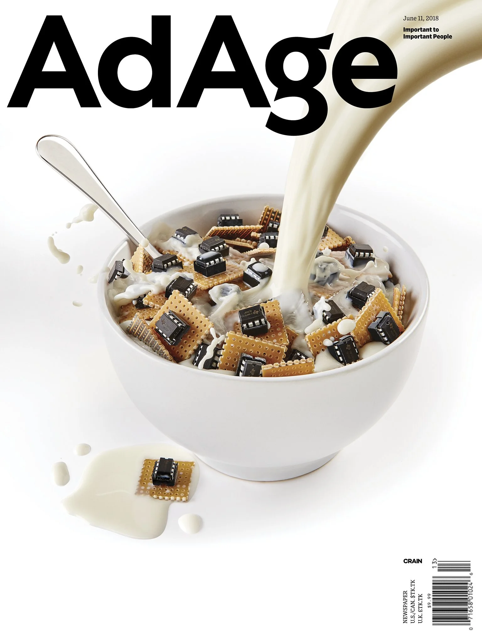 A magazine cover with the title 'Ad Age' and a subtitle mentioning the date June 11, 2018, and the phrase 'Important to Important People.' The cover image shows cereal pieces in a bowl with computer chips mixed in, and milk being poured into the bowl