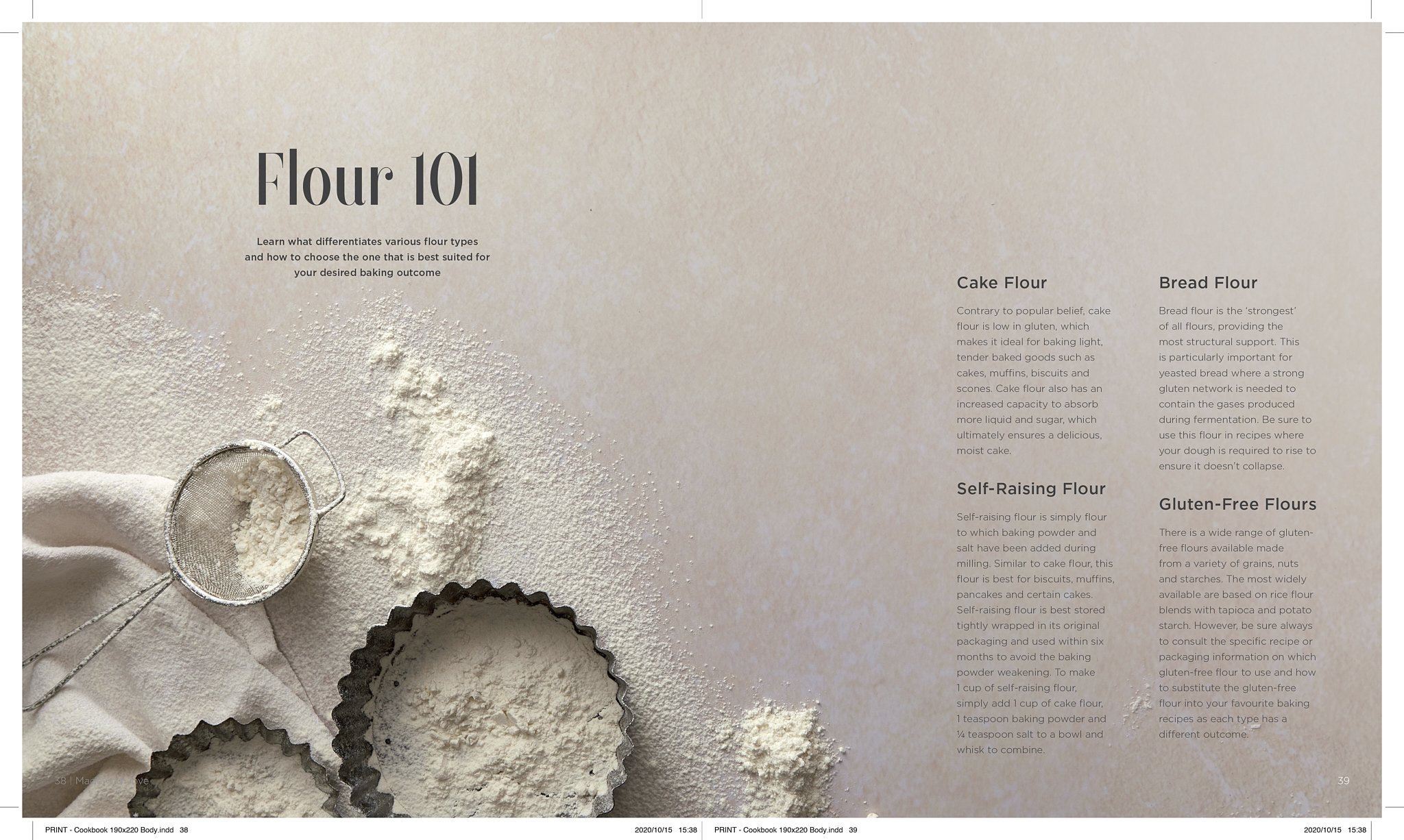 A baking or cooking page titled 'Flour 101' with text about different types of flour and their uses, accompanied by a surface of flour, a mesh sieve, and crimped pastry cutters on a light-colored background.