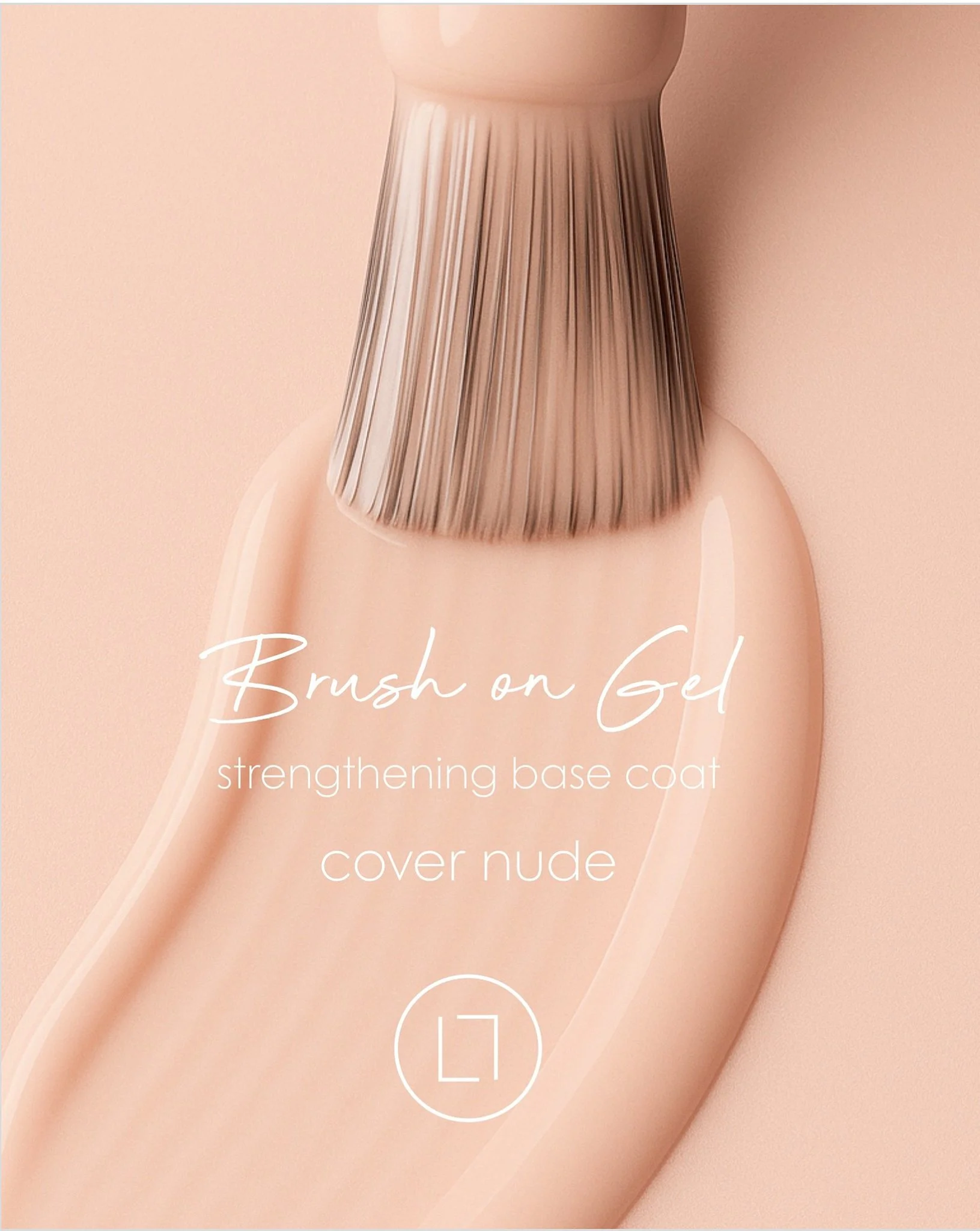 Close-up of a skincare app screen displaying a bottle with a beige lid and a pink body. The screen shows text: "Brush on Gel" and "strengthening base coat" with a circle button showing the letter "L".