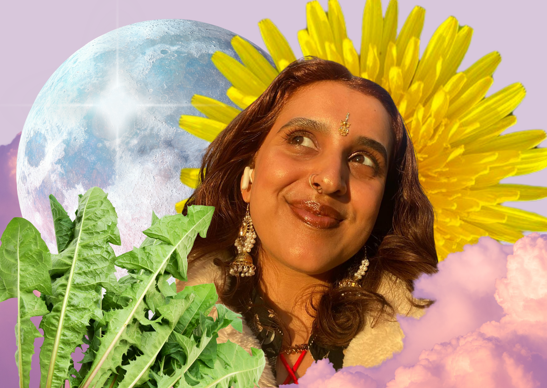 Rma, a genderfluid marathi femme with brown-red hair and jewelry, with a yellow dandelion flower behind their head, green dandelion leaves in the foreground, a large moon, pink clouds, and purple sky in the background.