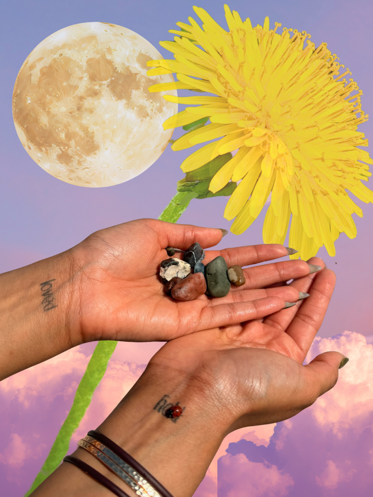 Rma's hands with bangles and wrist tattoos saying "loved" and "held" with a ladybug sitting over "held" holding small colorful rocks, a yellow dandelion flower, a moon with textured surface, and a pastel sky with clouds.