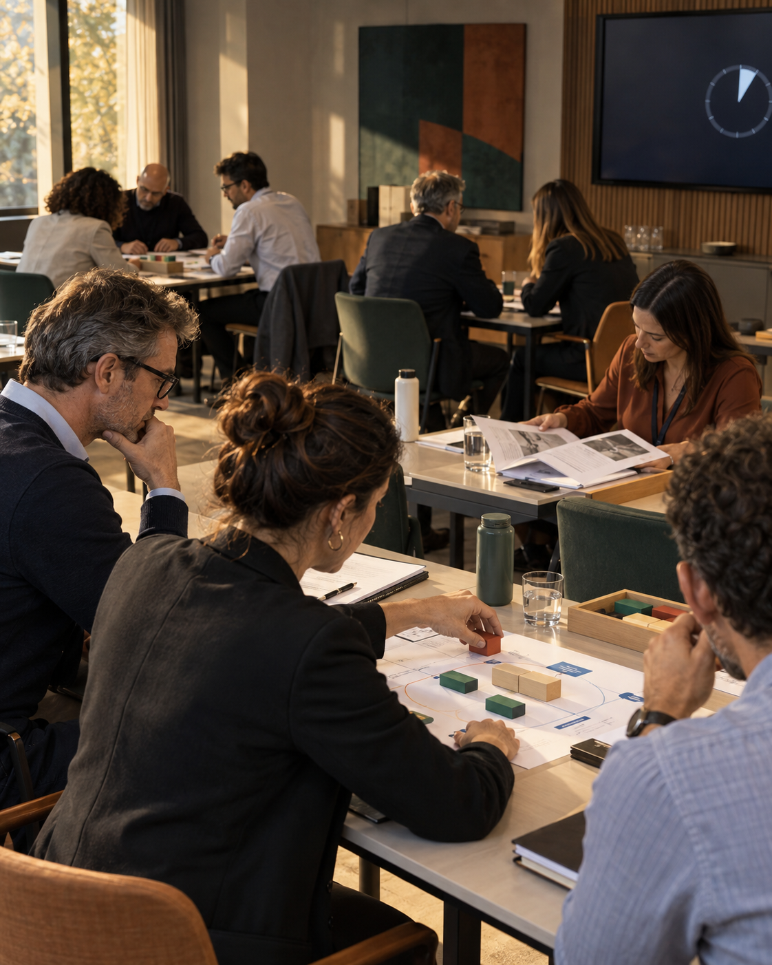 Partecipanti lavorano in gruppo durante una formazione aziendale su comunicazione e collaborazione.