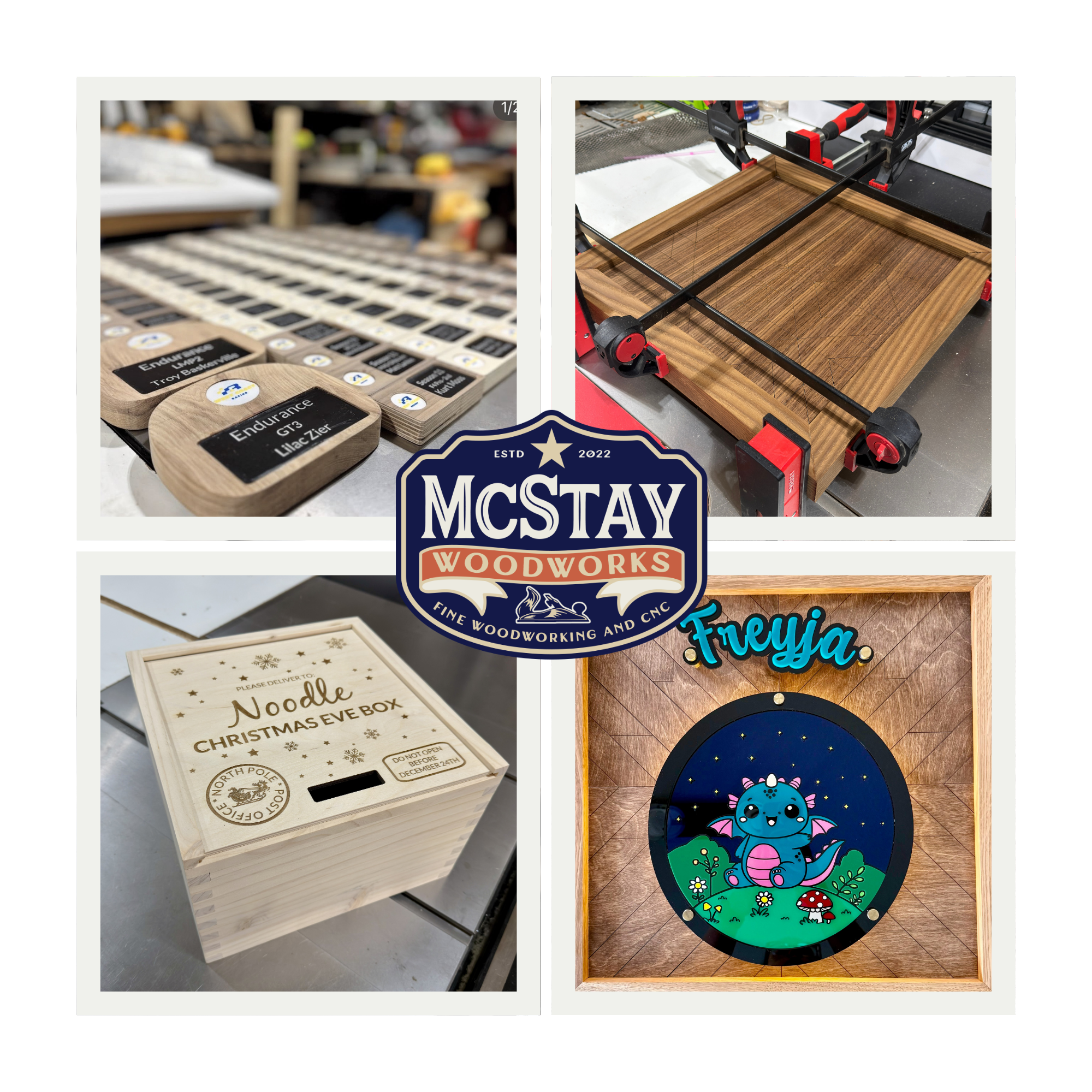 Left side shows a display of engraved wooden boxes with labels listing different wood types. Right side shows a woodworking project in progress with a wooden frame inside a clamp system, and a colorful cartoon dragon illustration on a circular signboard.