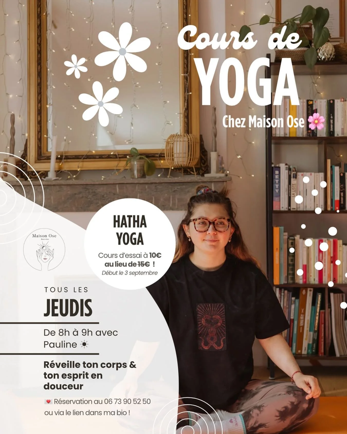 🧘&zwj;♀️ Les cours de yoga chez @maison_ose_bordeaux d&eacute;butent jeudi prochain, le 03/09 ! Tu pourras me retrouver sur le tapis tous les jeudis matin de 8h &agrave; 9h. 

Un r&eacute;veil du corps &amp; de l&rsquo;esprit en douceur. On prend le