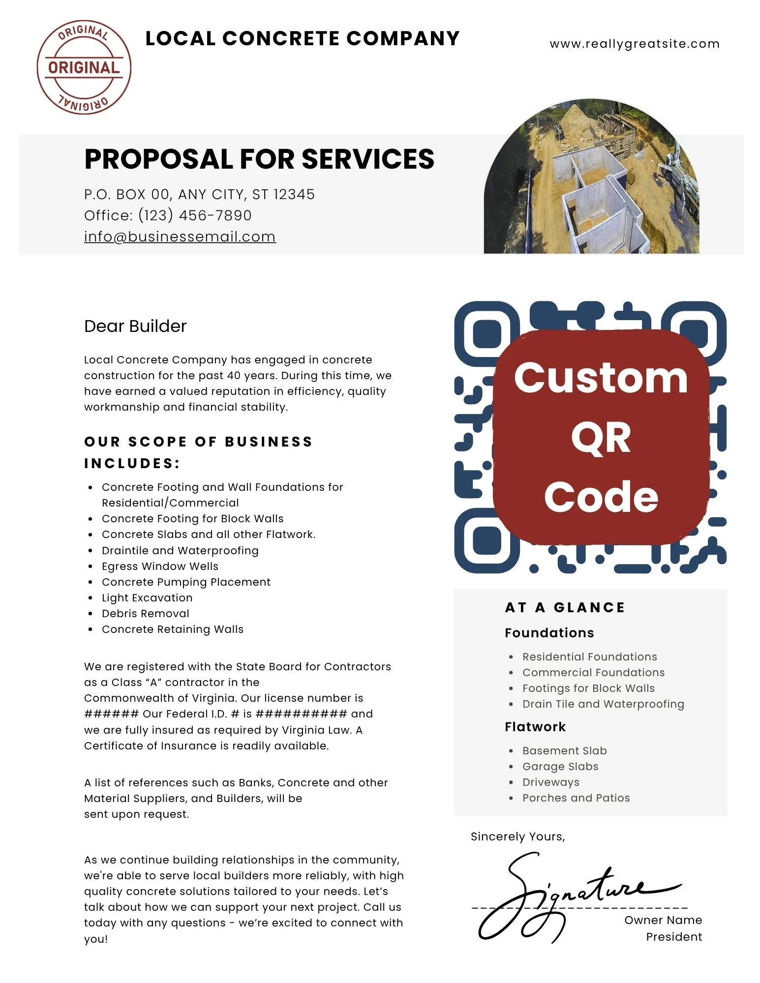 A business proposal letter designed by Ink to Link Media Management with client provided copy and images. Print and mailing distribution material for the promotion and marketing of a family-owned and operated small business.