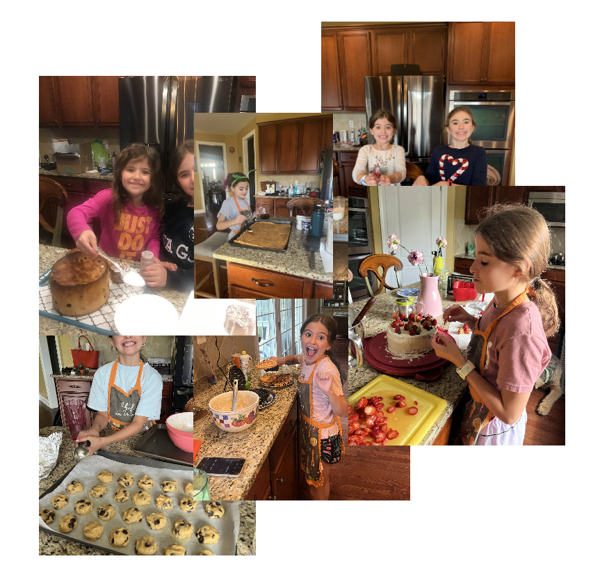 Children baking and decorating cakes and cookies in a kitchen.