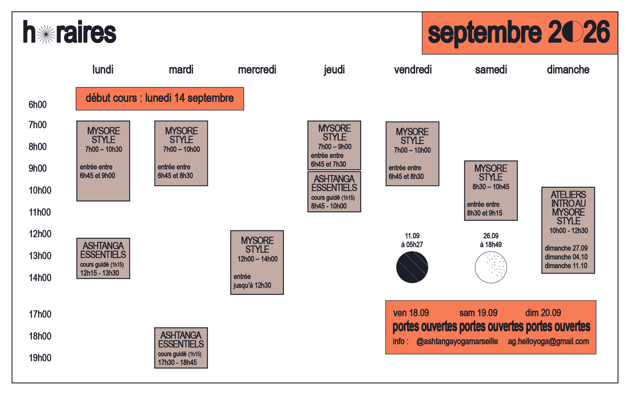 Calendrier d'événements pour septembre 2026 avec des ateliers de yoga, des cours, et des portes ouvertes, affiché avec une zone orange en haut à droite indiquant la date, et une zone orange en bas à droite avec des détails pour les portes ouvertes du 18 au 20 septembre.