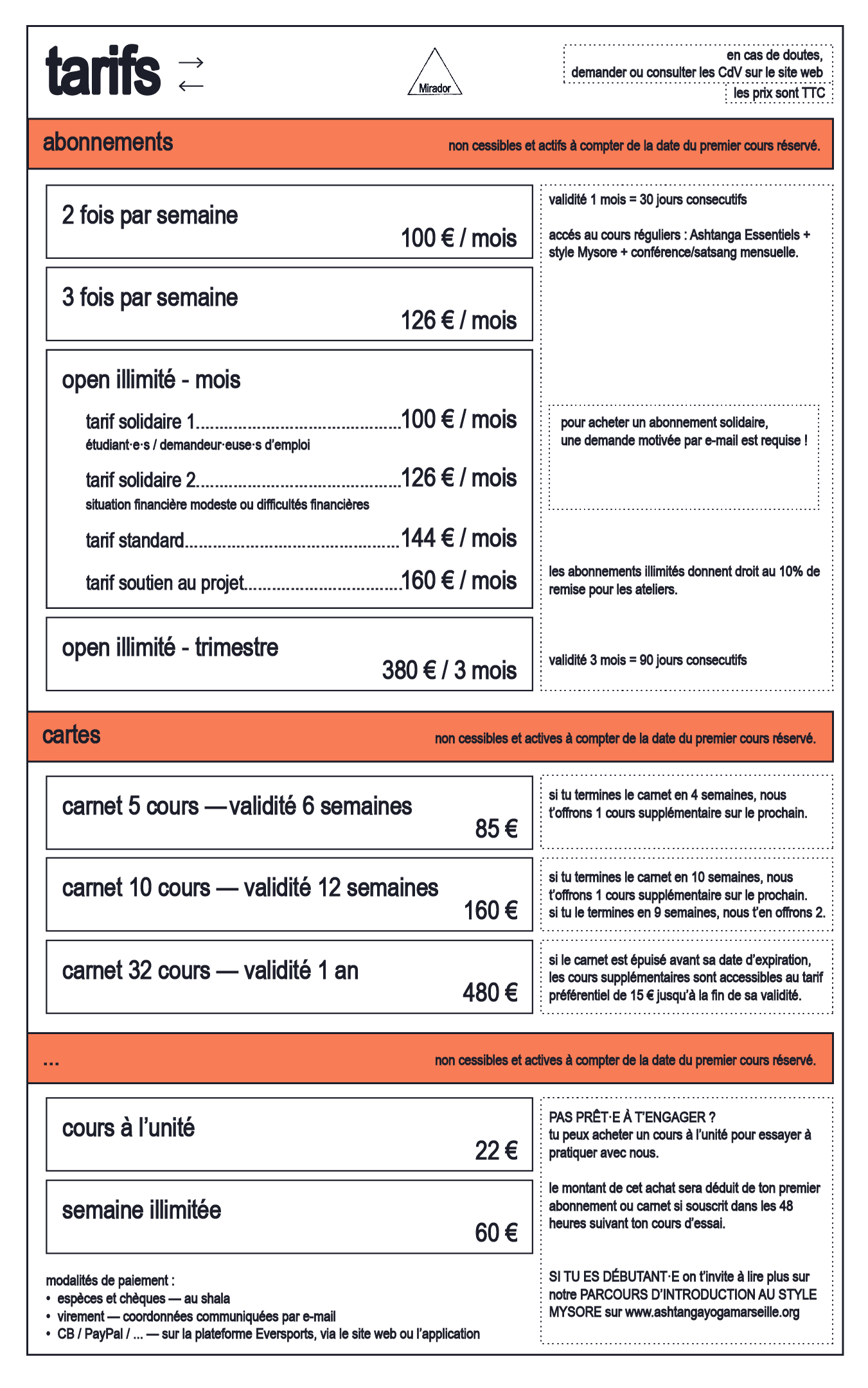 Détails des prix pour divers abonnements et cartes pour des cours, avec tarifs pour différentes durées et activités, incluant des options illimitées, cartes de 5 ou 10 cours, et achat à l'unité.