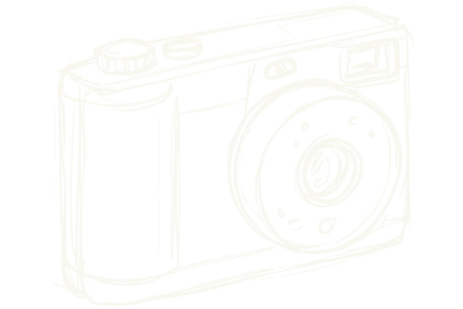 Line drawing of a vintage film camera with a large lens, top view, in black and white.