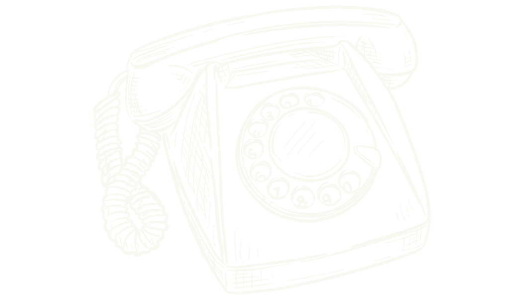 White line drawing of a vintage rotary telephone on a black background.