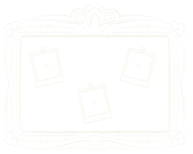 A black and white sketch of a decorative empty photo frame with three hanging photo placeholders inside.