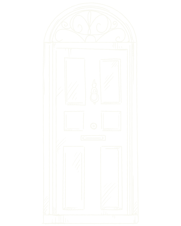 Sketch of a front door with a decorative arched window on top, a door knocker in the center, a mail slot, and six rectangular panels on the door.