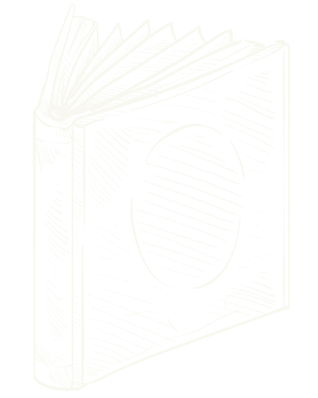 A sketch of a closed book with a circle on its cover, and pages slightly fanned out at the top.