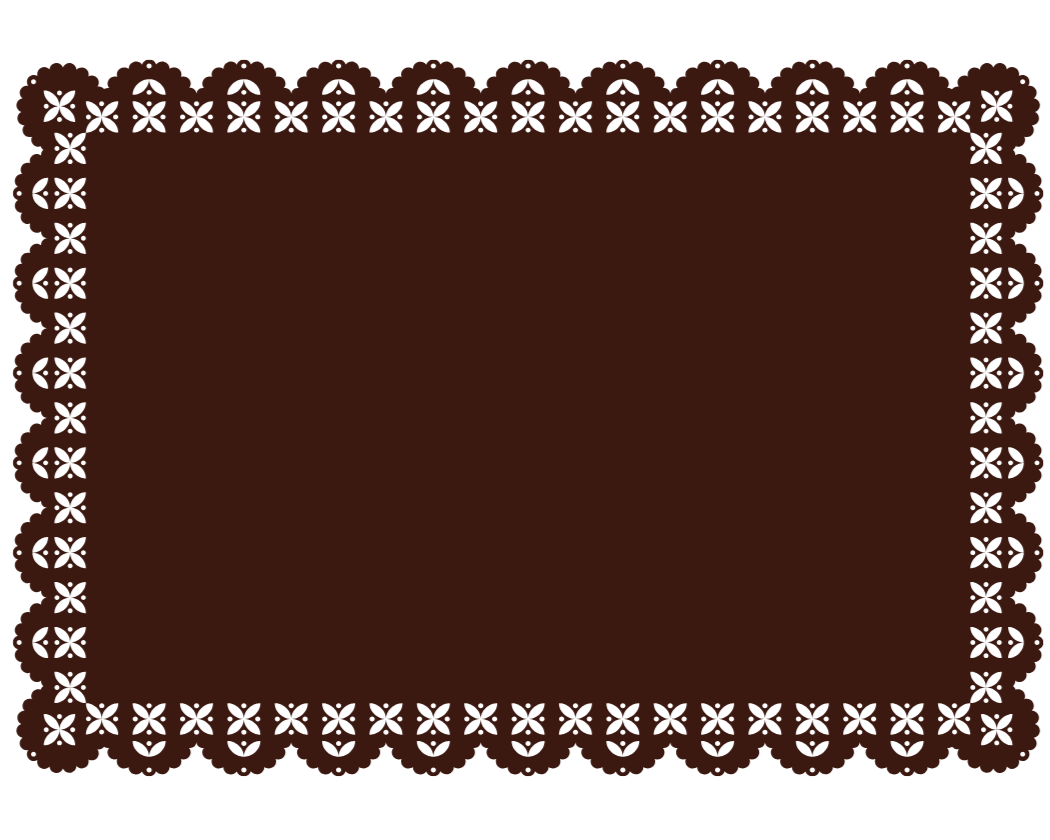 A rectangular brown doily with intricate cut-out floral patterns around the edges.
