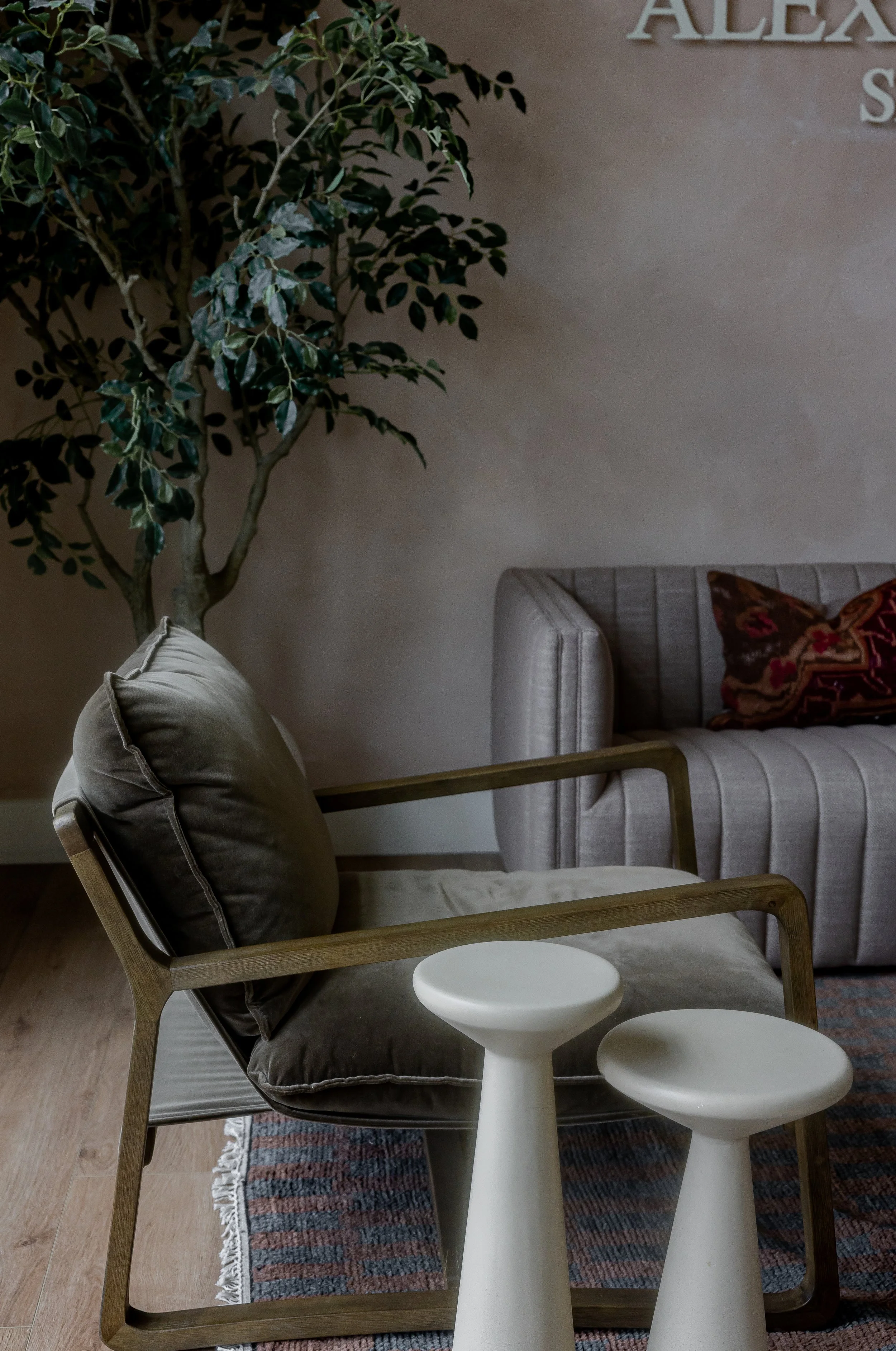 Interior scene with wooden armchair with gray cushions, two white side tables, a beige sofa with decorative pillows, a large potted plant with green leaves, a patterned rug, and part of a wall with wall art.