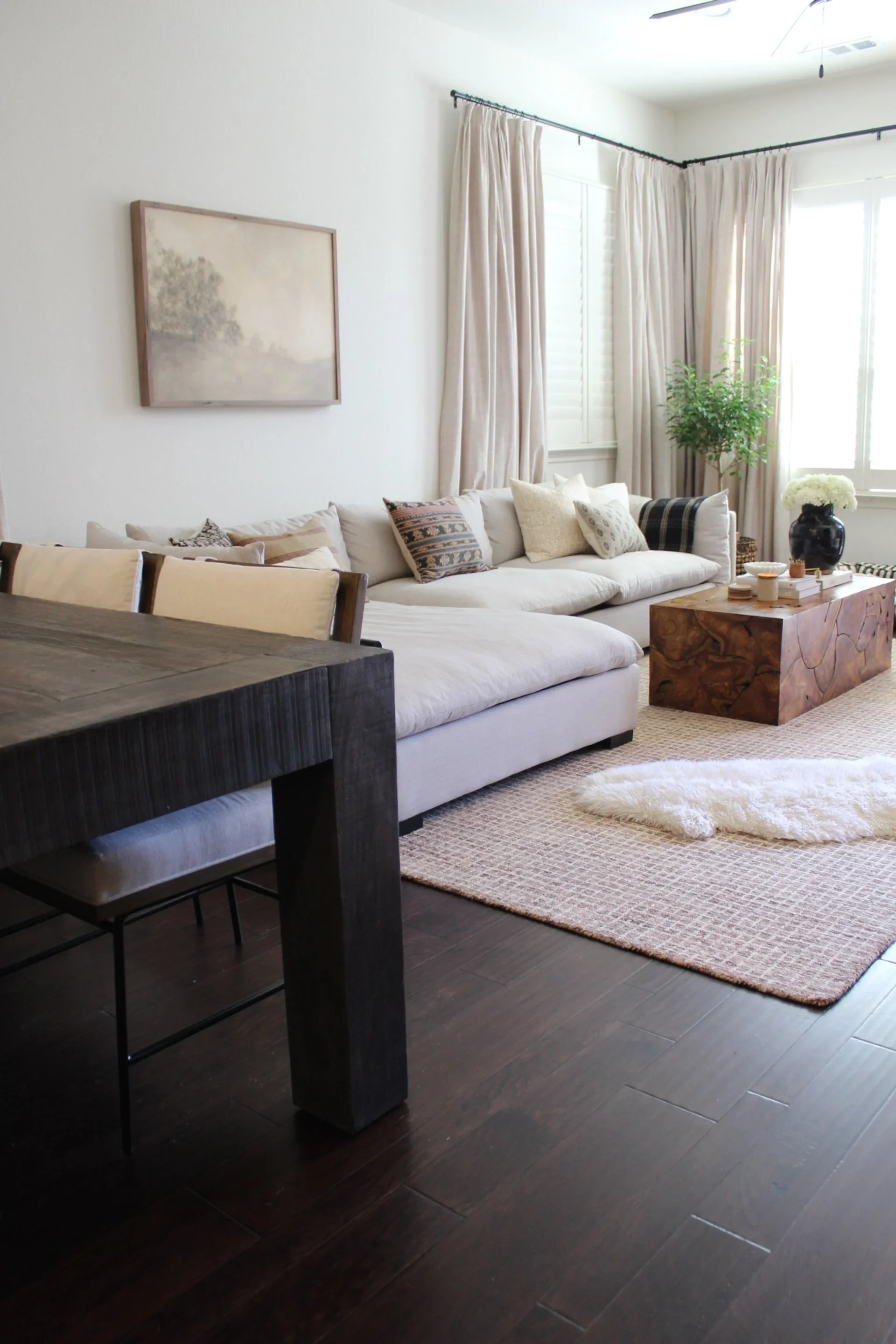 Living room with white couch, pillows, a dark wood coffee table, potted plant near window, artwork on wall, beige curtains, and dark hardwood floors.