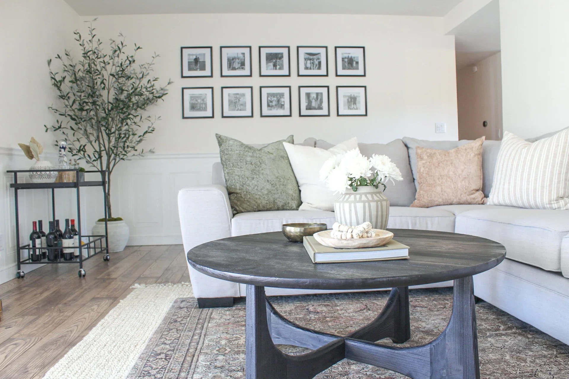 Living room with a gray sofa adorned with beige, green, and striped pillows, a black round coffee table with decorative items, a large green plant in a white pot, a bar cart with wine bottles, framed photos on the wall, and a vase of white flowers on the coffee table.