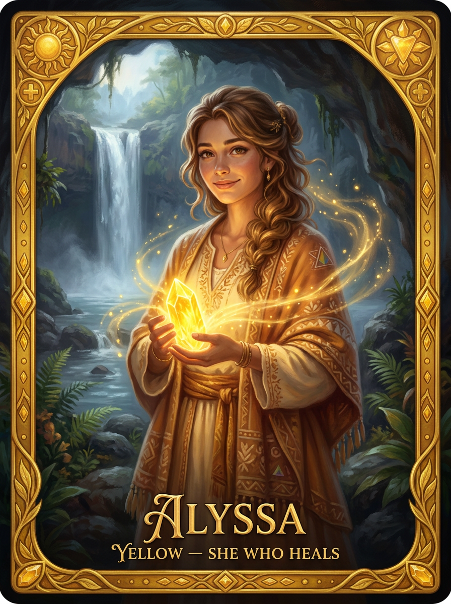 Yellow -	Alyssa; Healing Yellow	Healing, restoration, belonging, comfort, and light held steady for those returning from fear or grief.