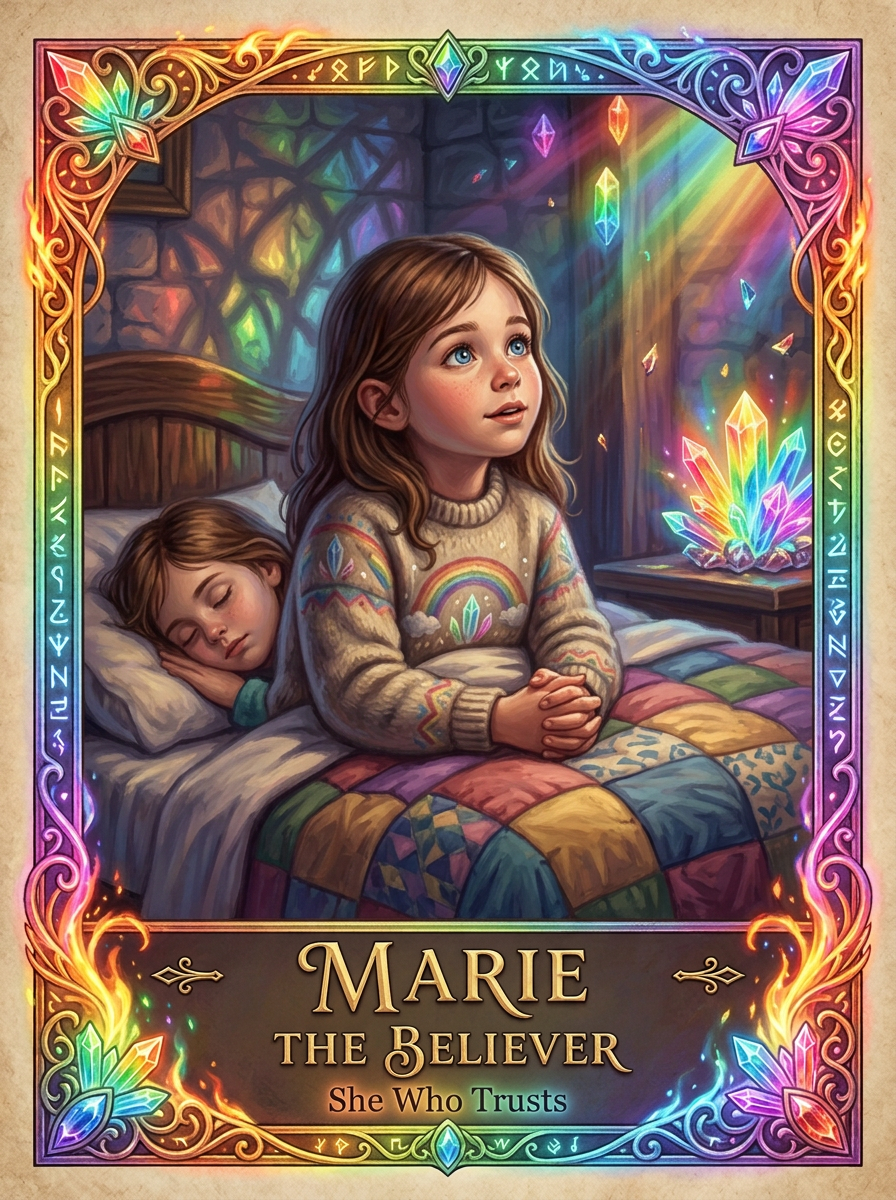 Marie - Twin, listener and keeper of her own moon-marked white crystal; she is meant to gather the colors while helping each remain whole.