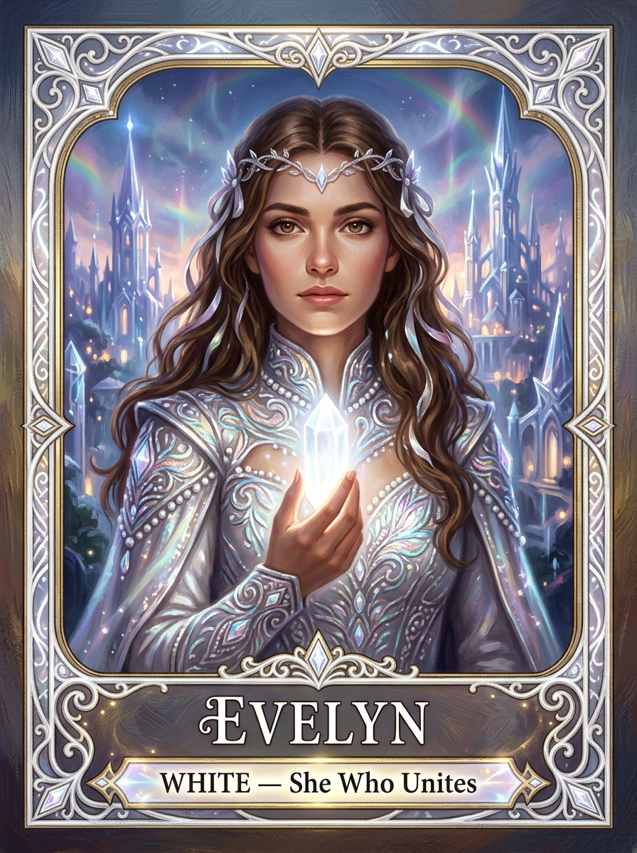 White -	Evelyn; Gathering White	Harmony, communication, gathering, and the power to help all colors stand together without losing themselves.