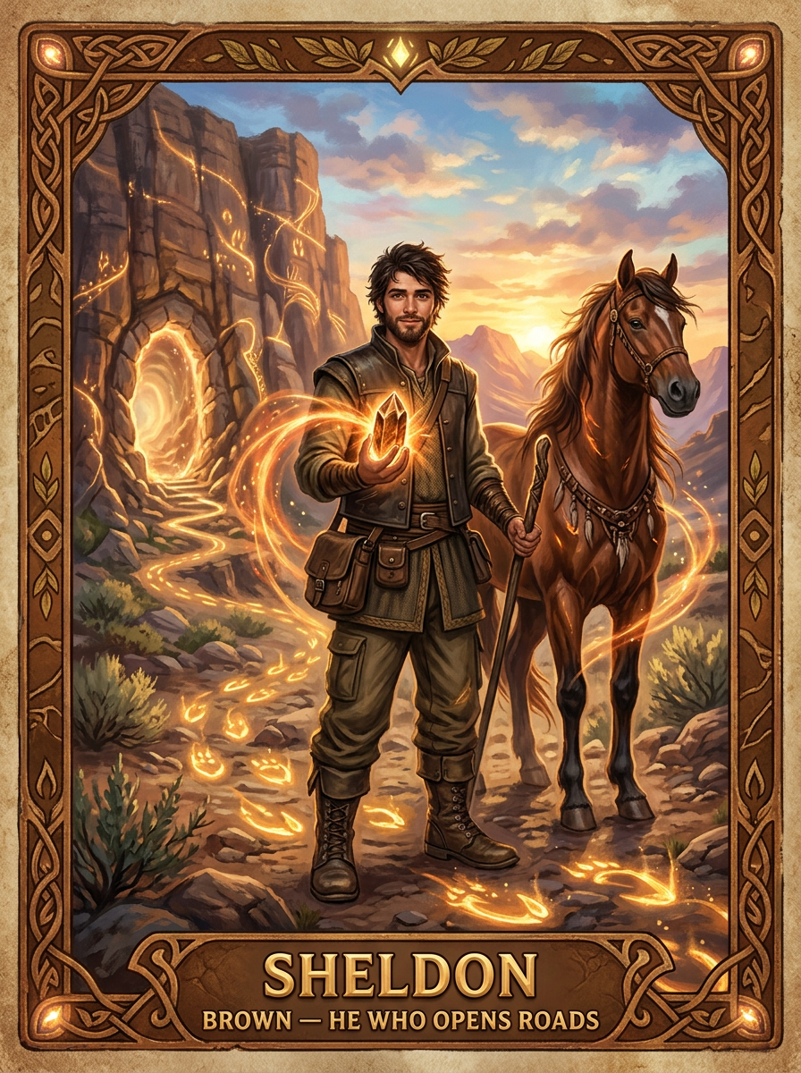 Brown -	Sheldon; Road-Bound Brown	Ground, passage, roads, hoofbeats, trust, and the quiet strength that carries others safely between worlds.