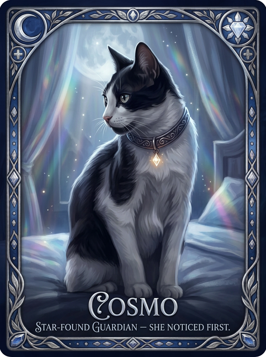 White Companion - Cosmo,	Evelyn’s cat companion and future protector, foreshadowed as a bond that will deepen White’s story beyond Book One.