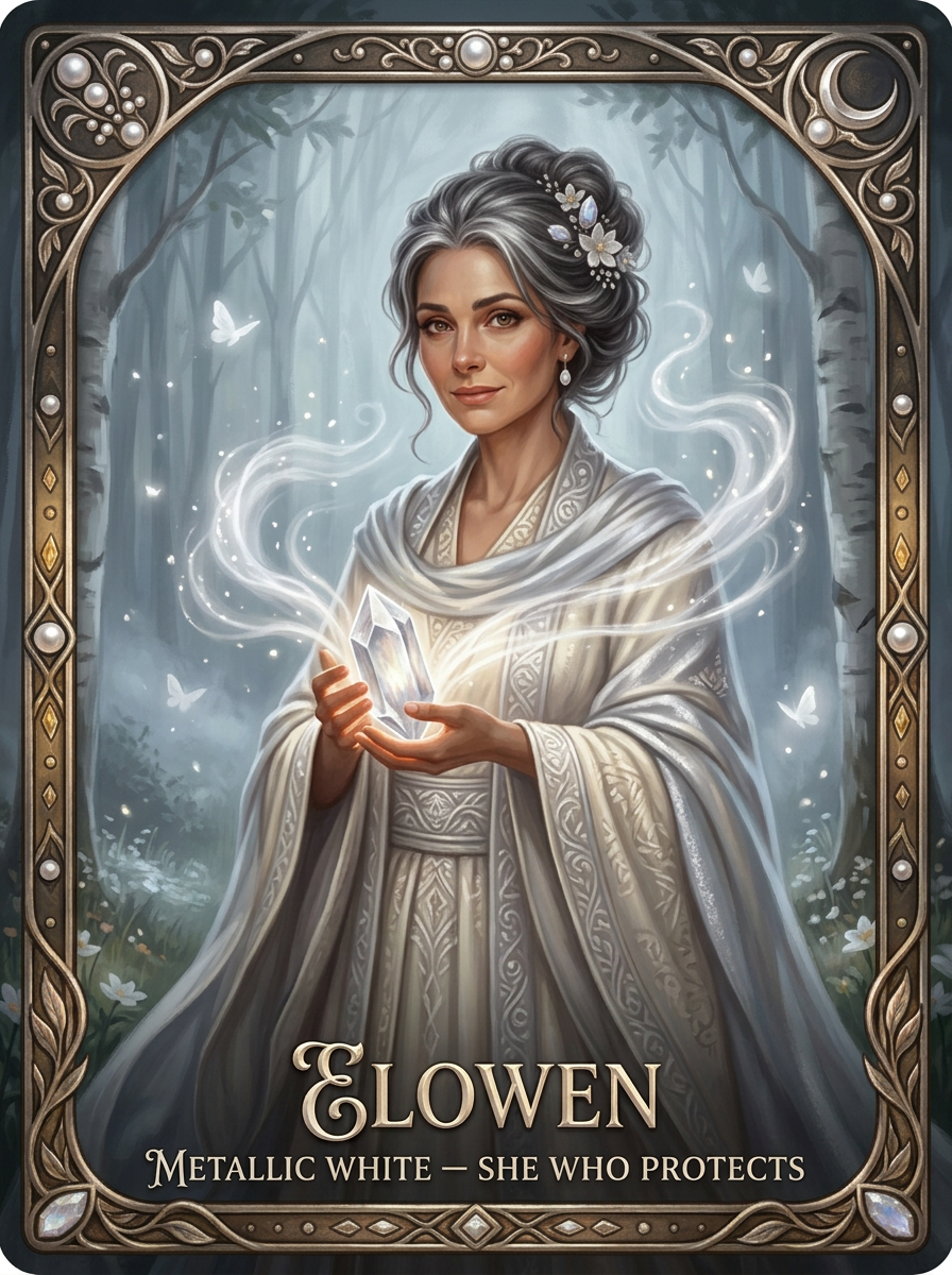 Metallic White -	Elowen; mother of Nadia and Evelyn	Birth-mother love, hidden protection, sacrifice, and the Fairie truth that connects Clear and White to their origin.
